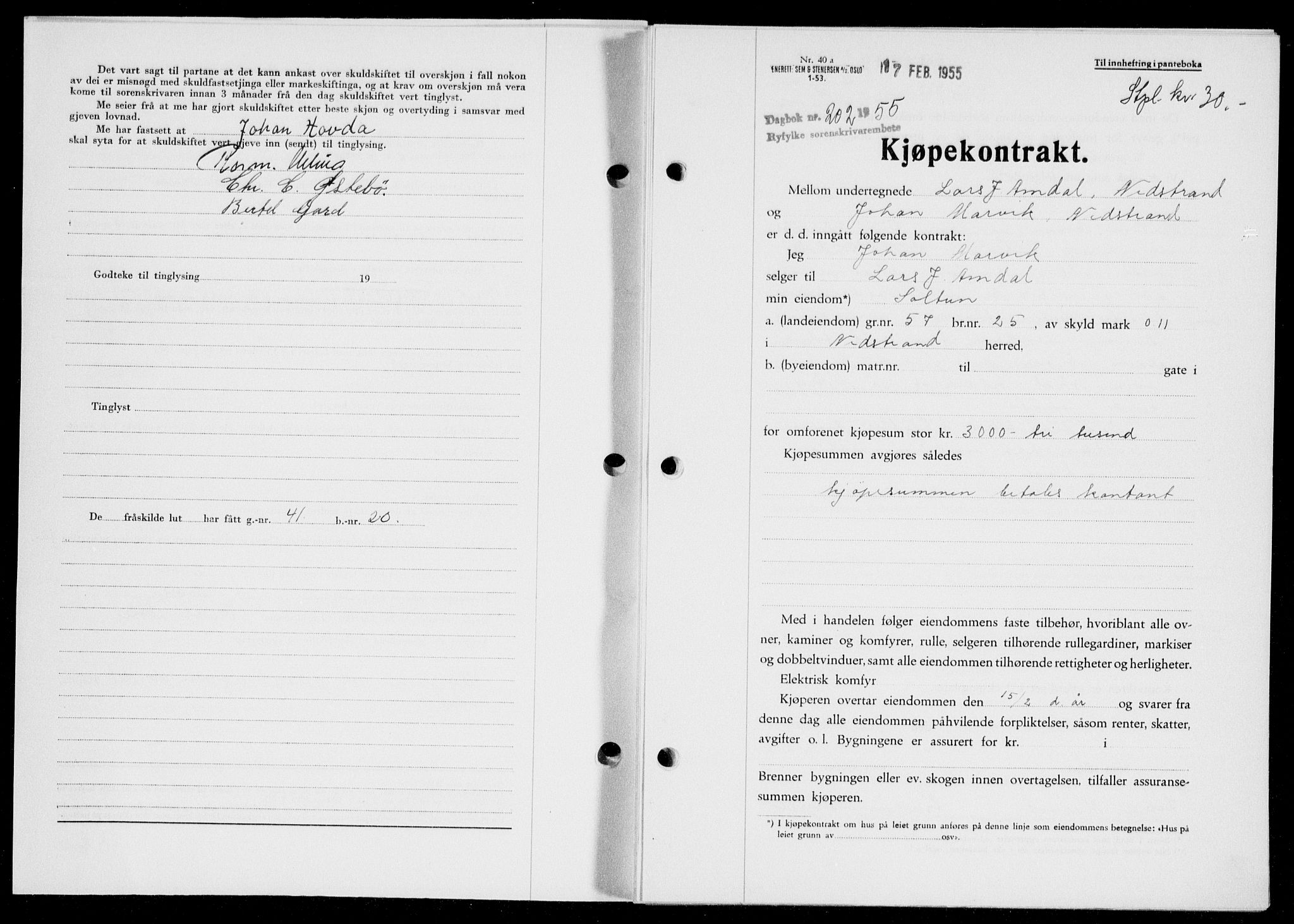 Ryfylke tingrett, SAST/A-100055/001/II/IIB/L0128: Pantebok nr. 107, 1954-1955, Dagboknr: 202/1955
