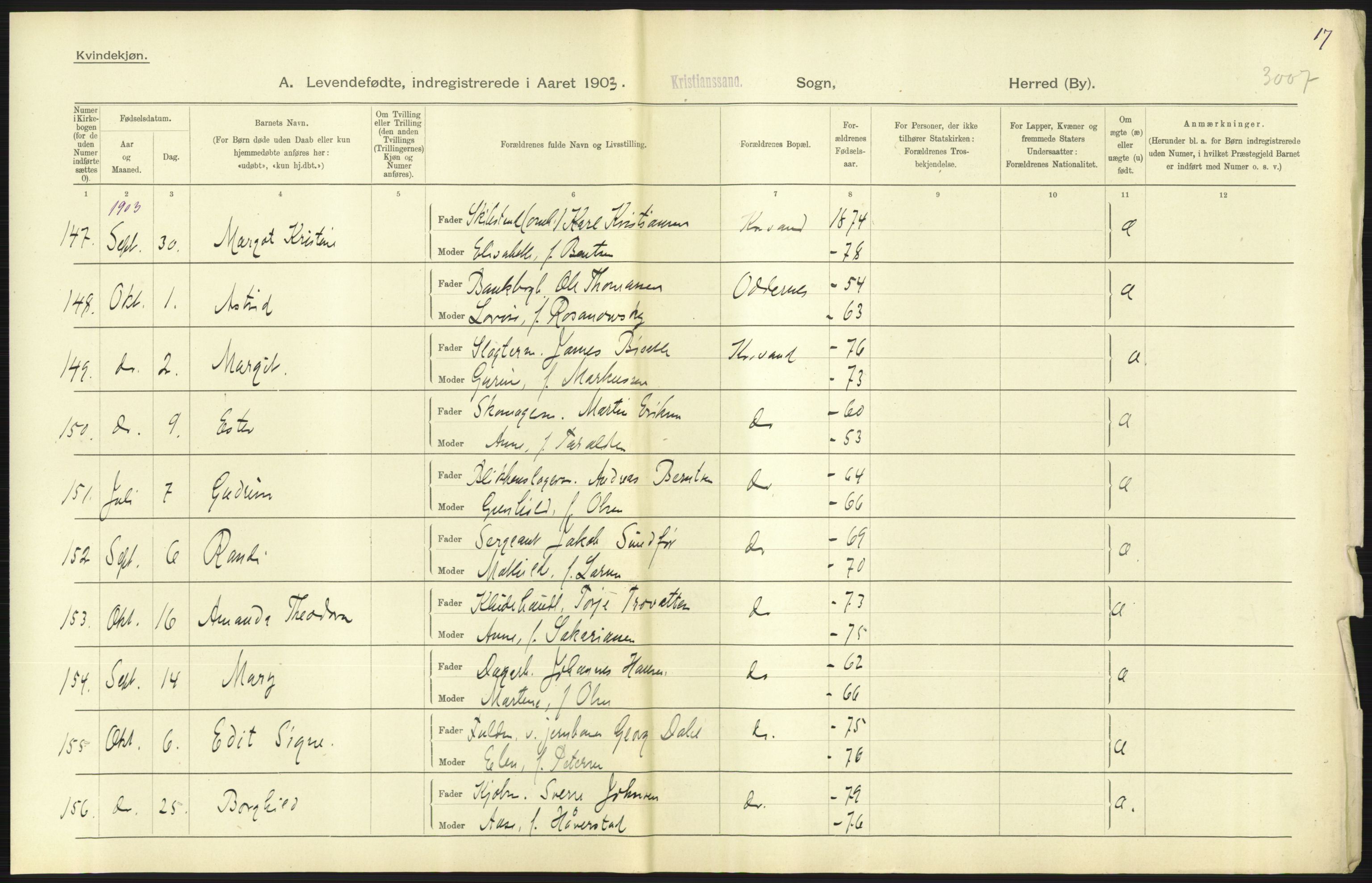 Statistisk sentralbyrå, Sosiodemografiske emner, Befolkning, AV/RA-S-2228/D/Df/Dfa/Dfaa/L0011: Lister og Mandal amt: Fødte, gifte, døde, 1903, s. 239