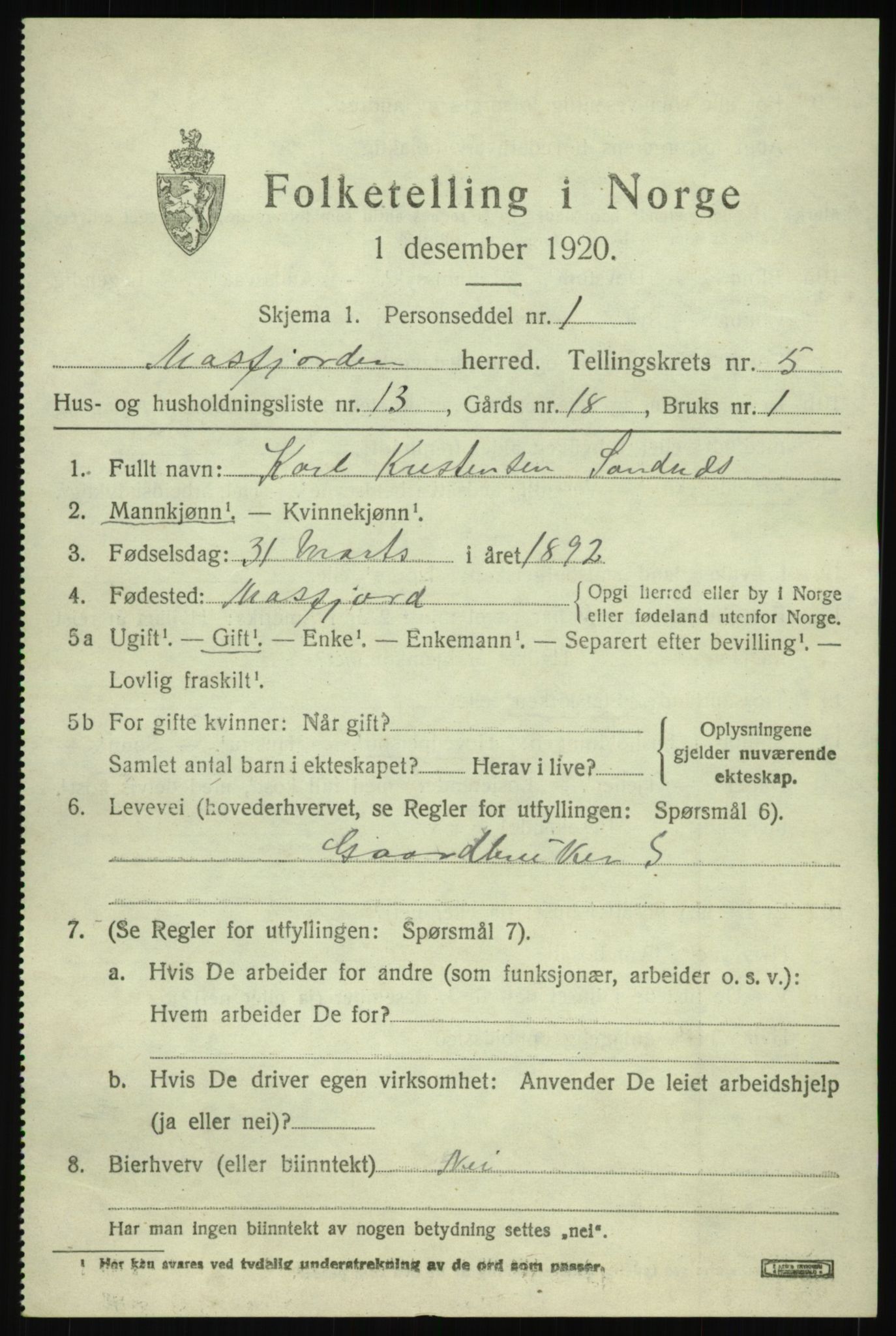 SAB, Folketelling 1920 for 1266 Masfjorden herred, 1920, s. 2269
