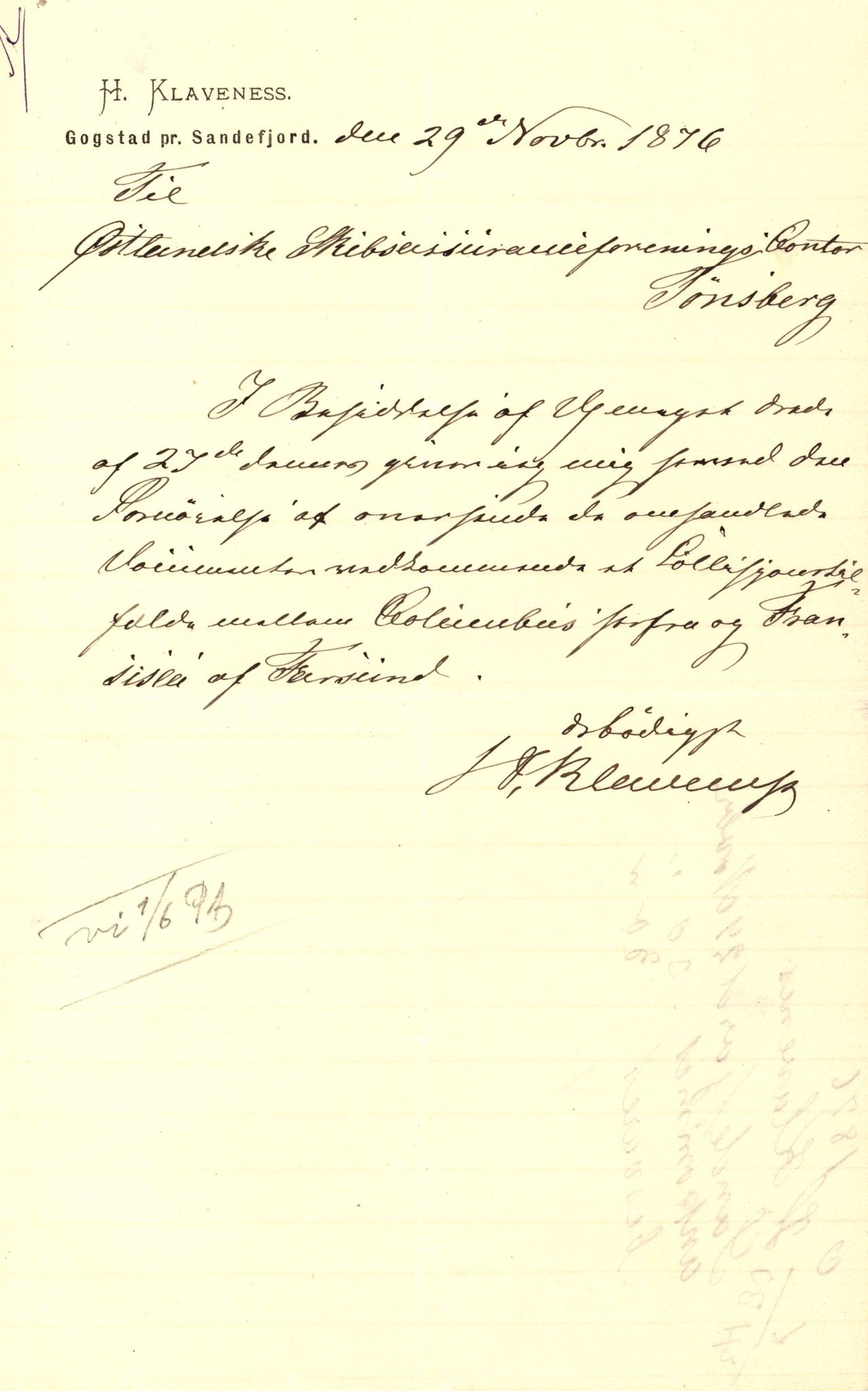 Pa 63 - Østlandske skibsassuranceforening, VEMU/A-1079/G/Ga/L0008/0017: Havaridokumenter / Columbus, 1876