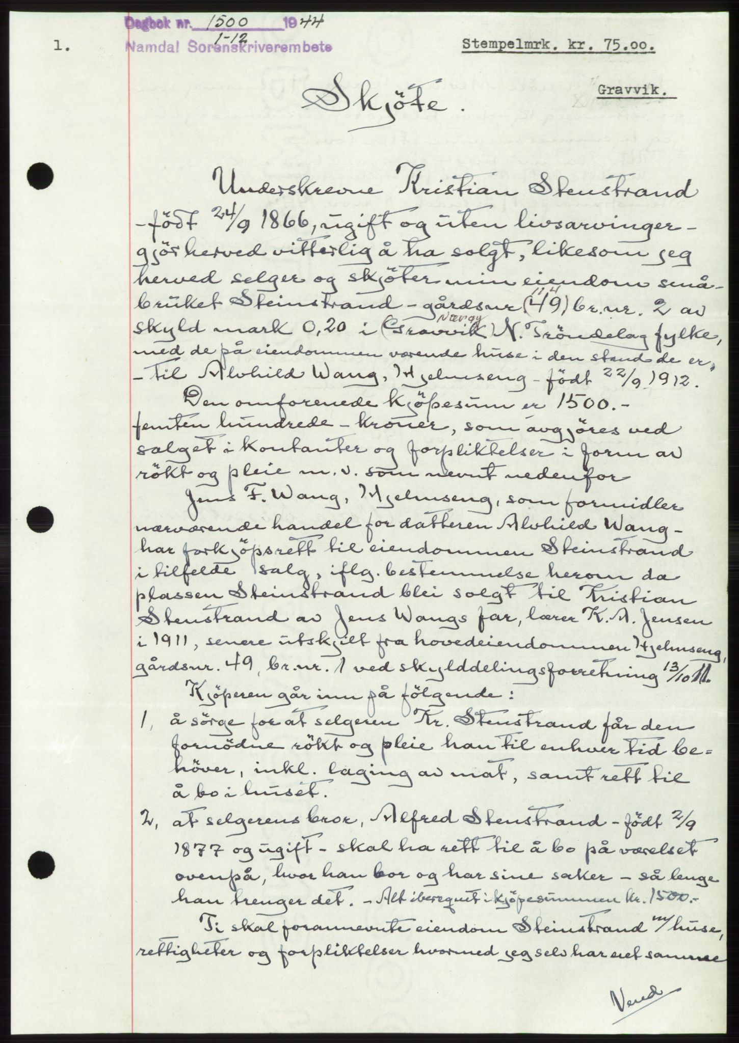 Namdal sorenskriveri, SAT/A-4133/1/2/2C: Pantebok nr. -, 1944-1945, Dagboknr: 1500/1944