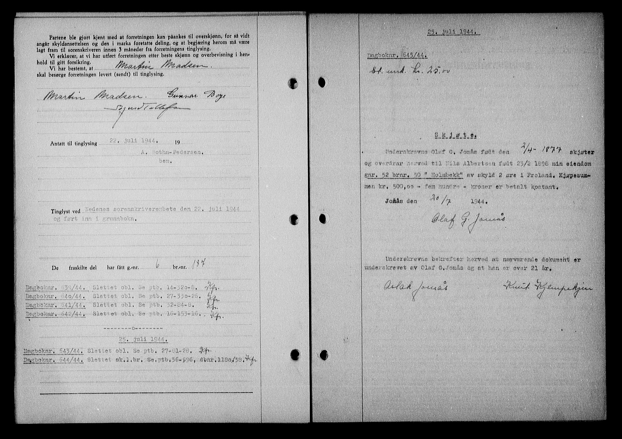 Nedenes sorenskriveri, AV/SAK-1221-0006/G/Gb/Gba/L0051: Pantebok nr. A-V, 1943-1944, Dagboknr: 645/1944