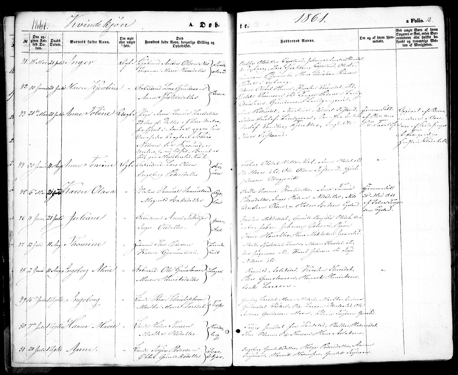 Holt sokneprestkontor, SAK/1111-0021/F/Fa/L0009: Ministerialbok nr. A 9, 1861-1871, s. 12