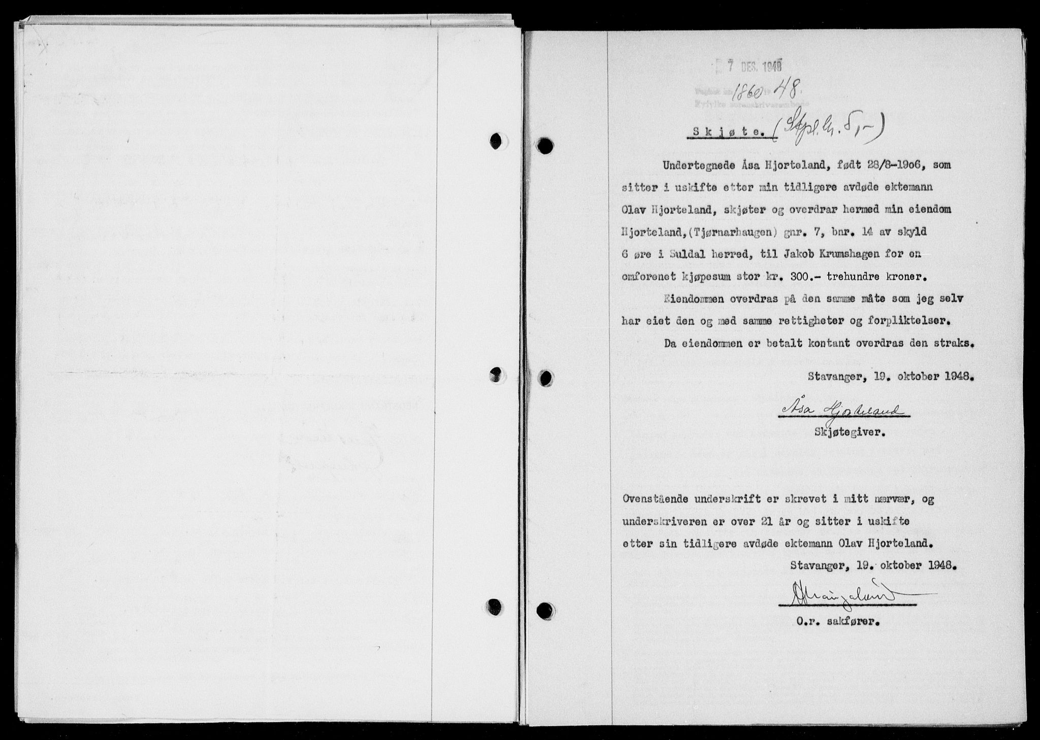 Ryfylke tingrett, SAST/A-100055/001/II/IIB/L0104: Pantebok nr. 83, 1948-1949, Dagboknr: 1860/1948