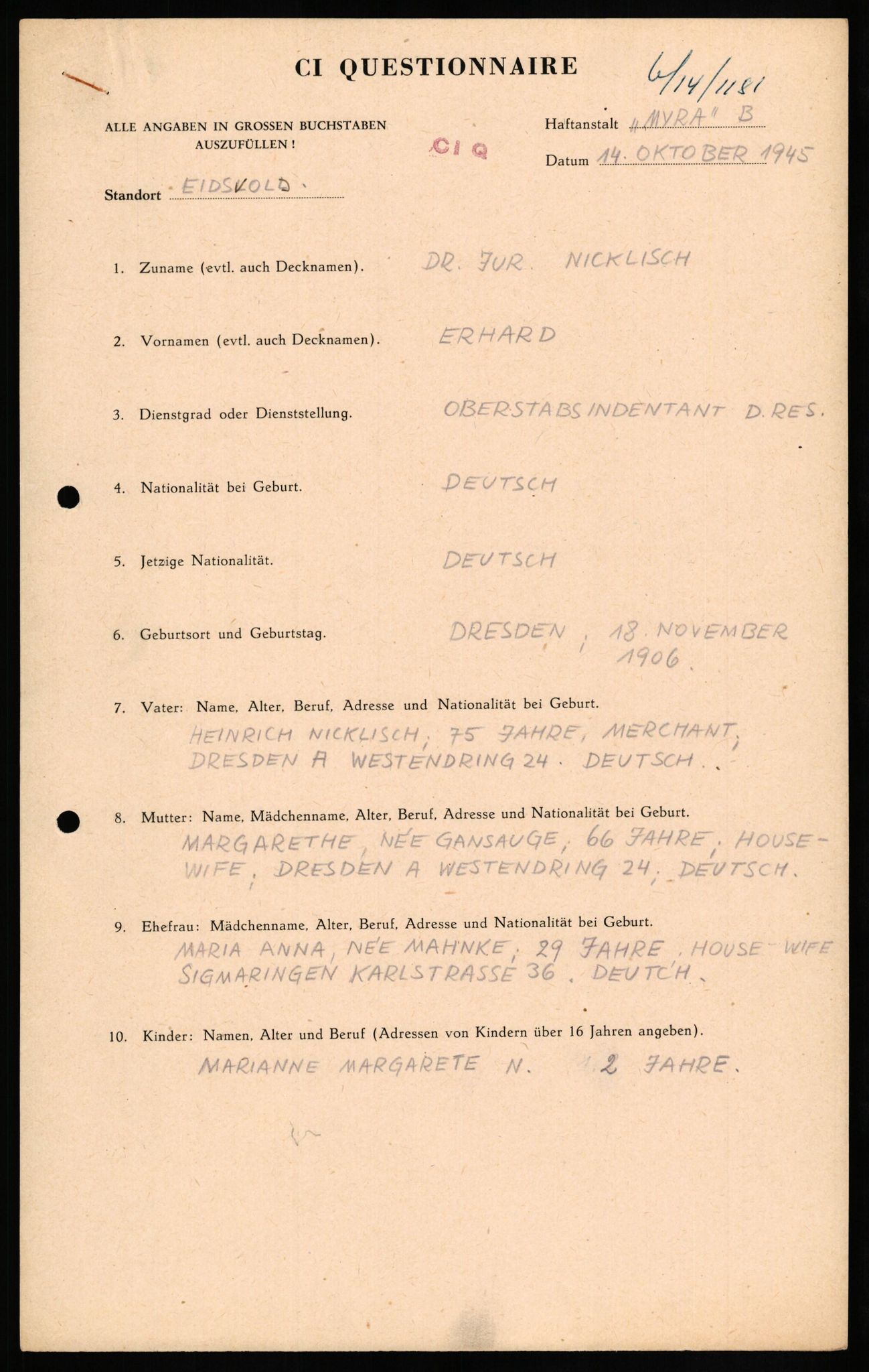 Forsvaret, Forsvarets overkommando II, AV/RA-RAFA-3915/D/Db/L0024: CI Questionaires. Tyske okkupasjonsstyrker i Norge. Tyskere., 1945-1946, s. 130