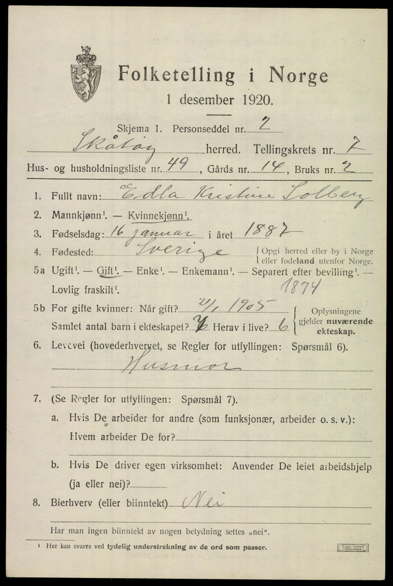 SAKO, Folketelling 1920 for 0815 Skåtøy herred, 1920, s. 5842