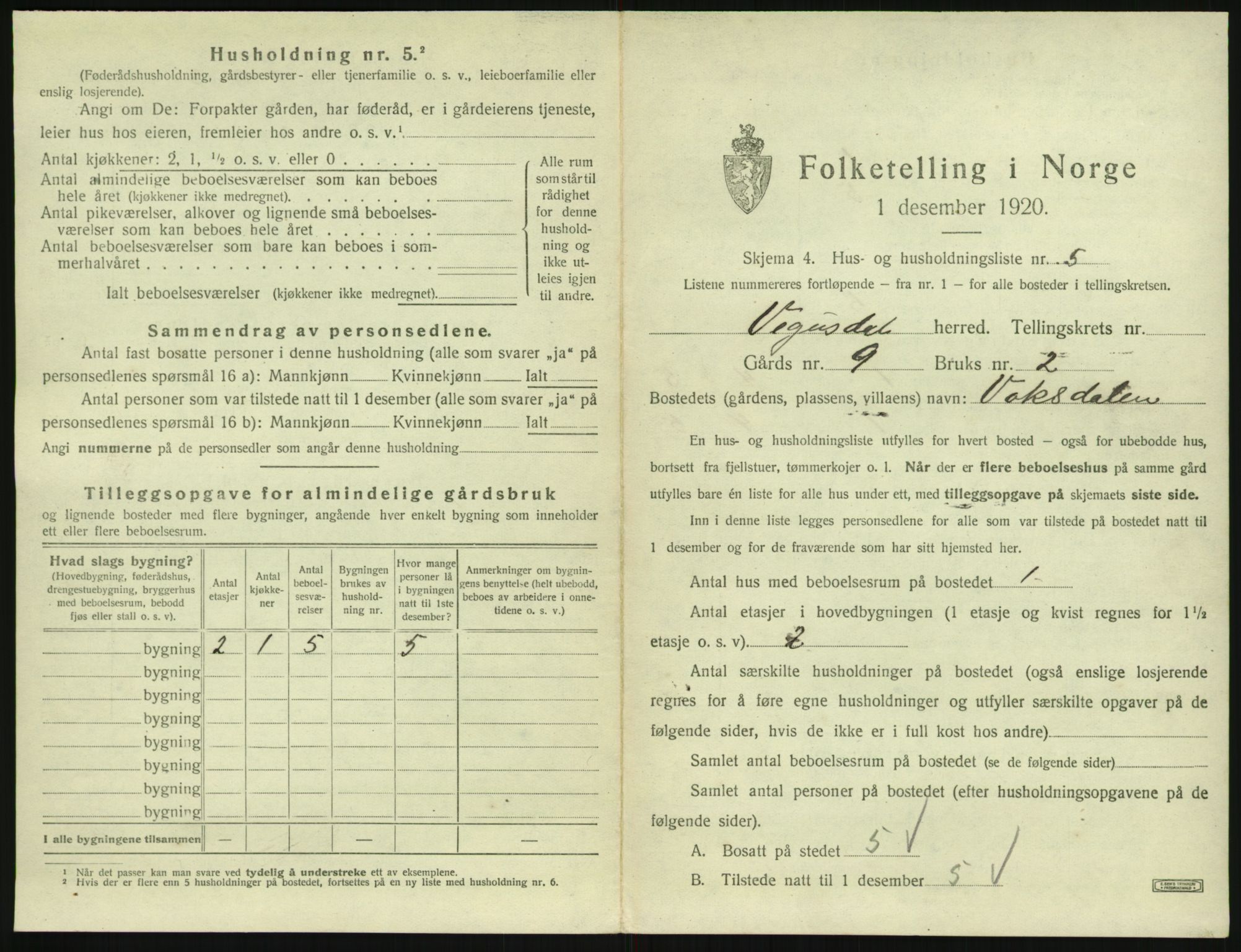 SAK, Folketelling 1920 for 0934 Vegusdal herred, 1920, s. 97