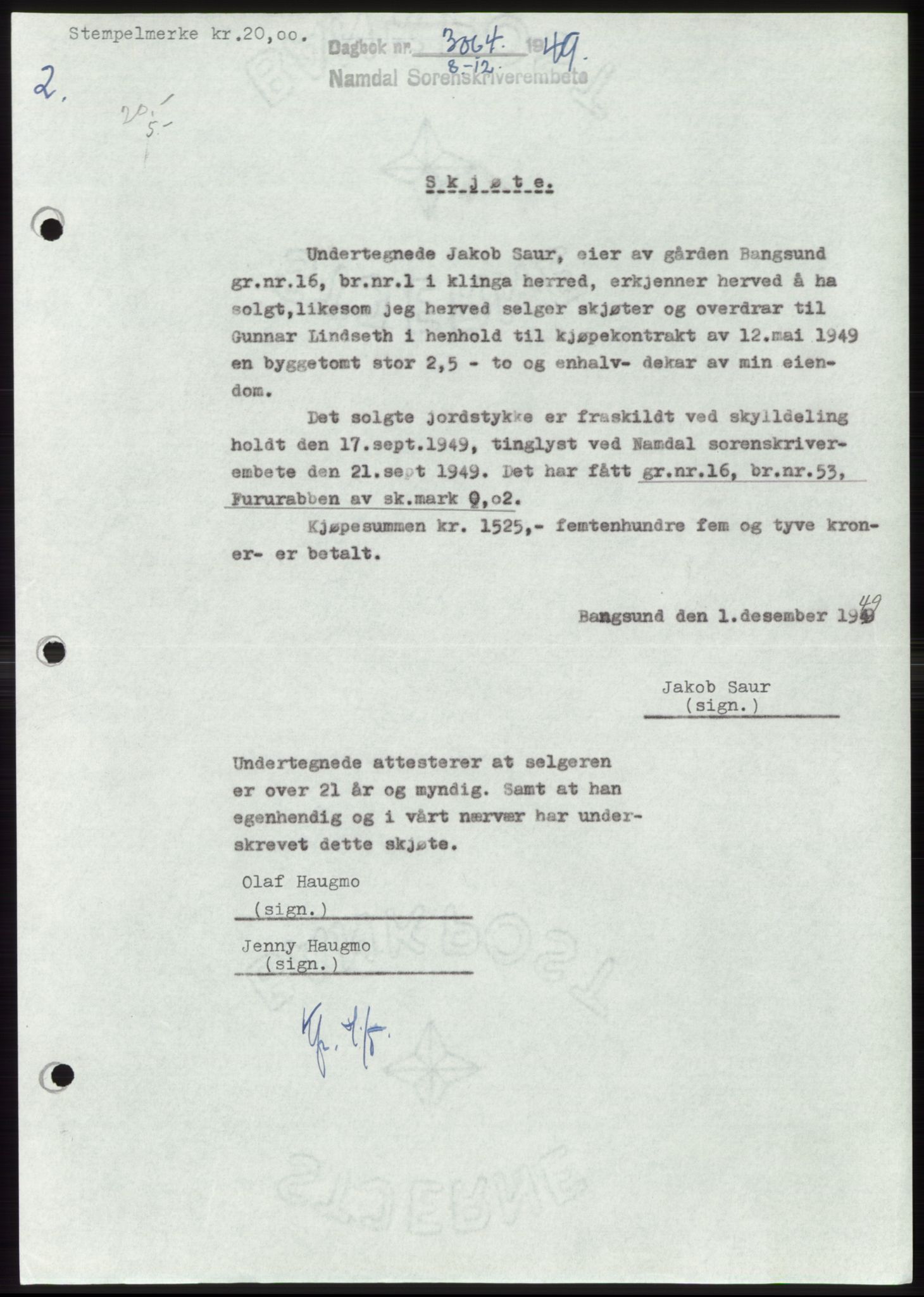 Namdal sorenskriveri, SAT/A-4133/1/2/2C: Pantebok nr. -, 1949-1949, Dagboknr: 3064/1949