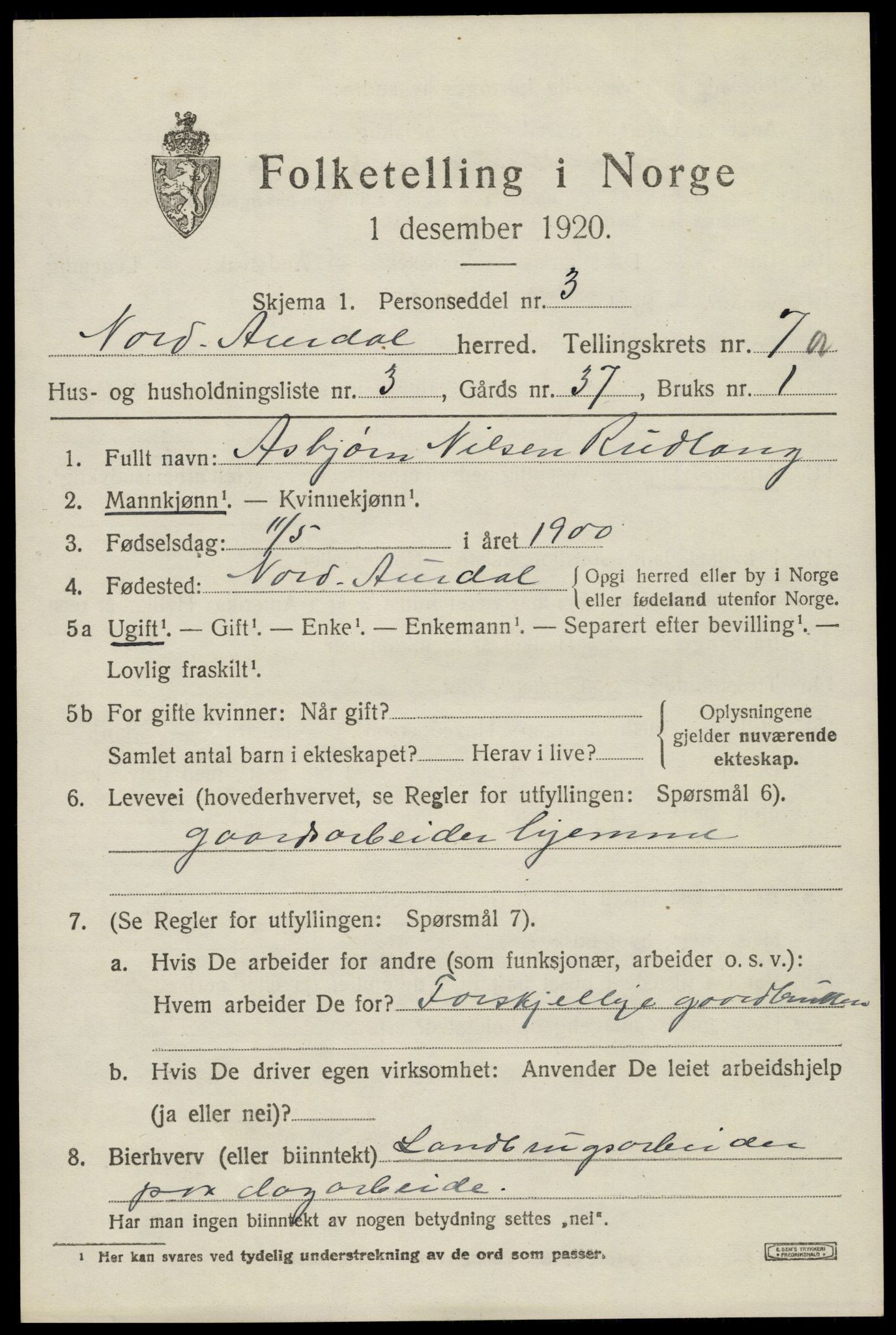 SAH, Folketelling 1920 for 0542 Nord-Aurdal herred, 1920, s. 5966