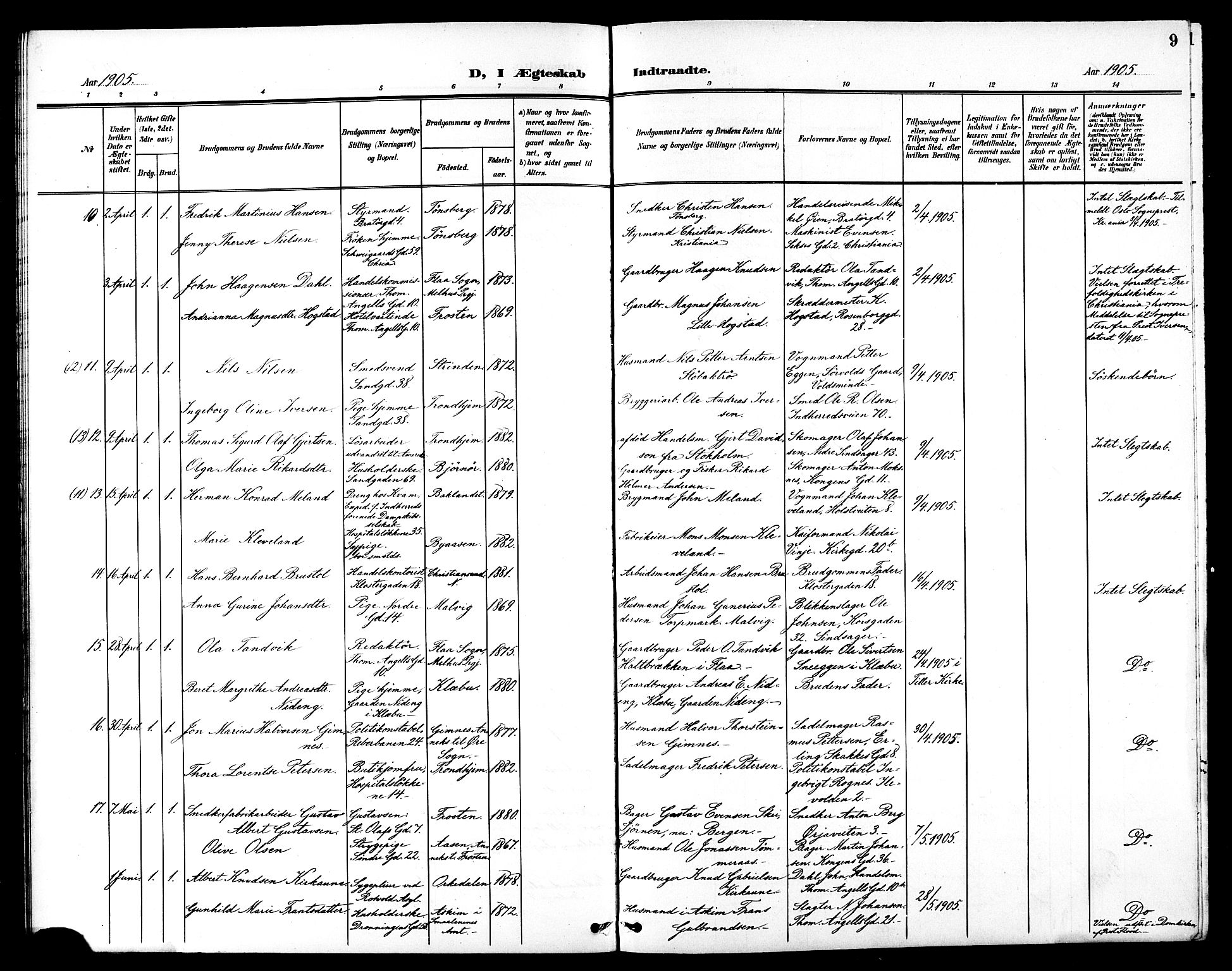 Ministerialprotokoller, klokkerbøker og fødselsregistre - Sør-Trøndelag, AV/SAT-A-1456/602/L0145: Klokkerbok nr. 602C13, 1902-1919, s. 9