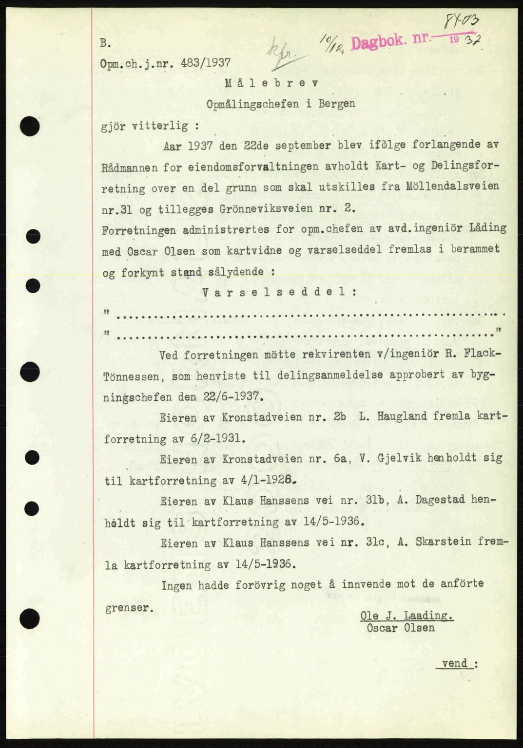 Byfogd og Byskriver i Bergen, SAB/A-3401/03/03Bc/L0006: Pantebok nr. A5, 1937-1938, Dagboknr: 8403/1937