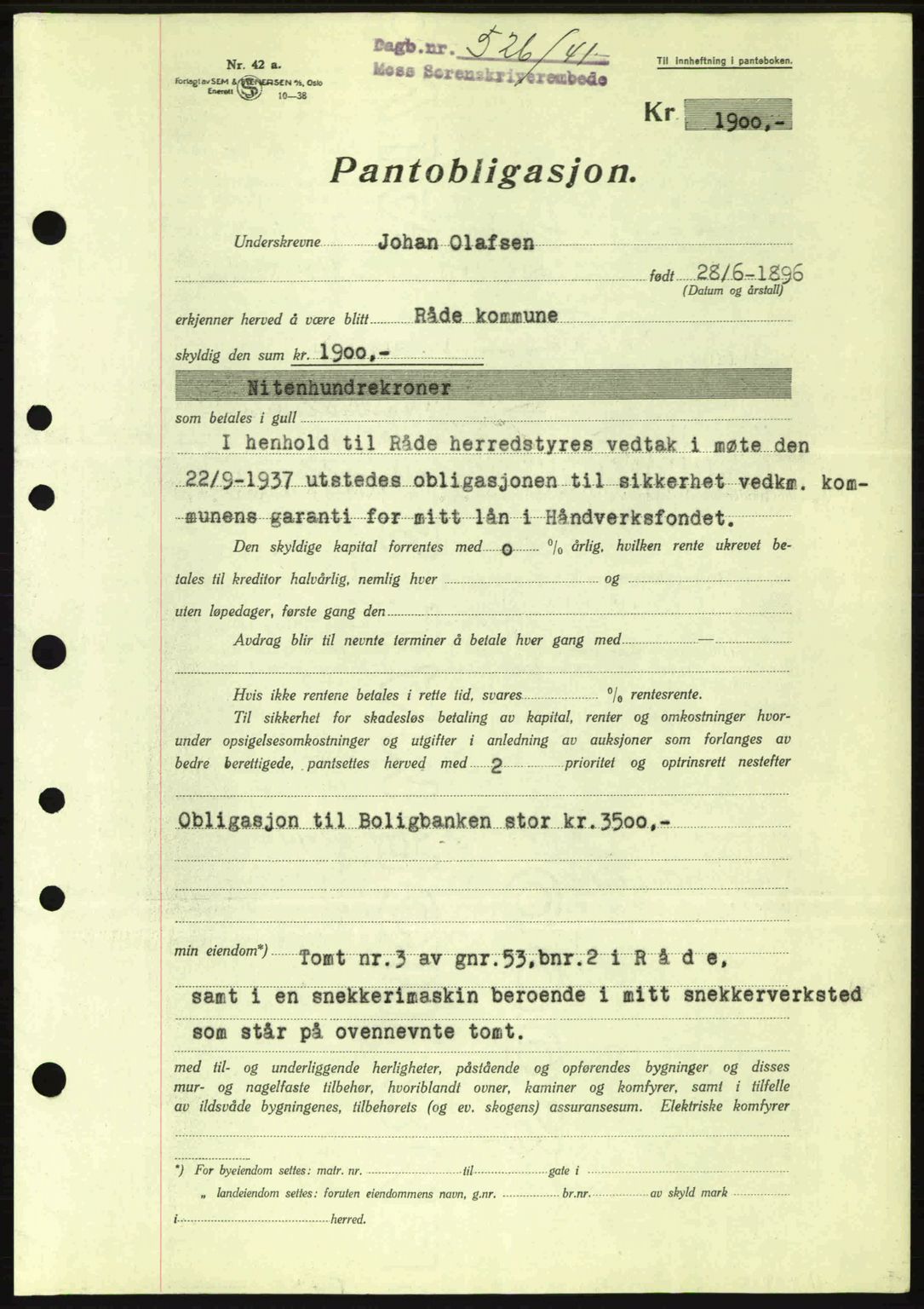 Moss sorenskriveri, SAO/A-10168: Pantebok nr. B10, 1940-1941, Dagboknr: 526/1941