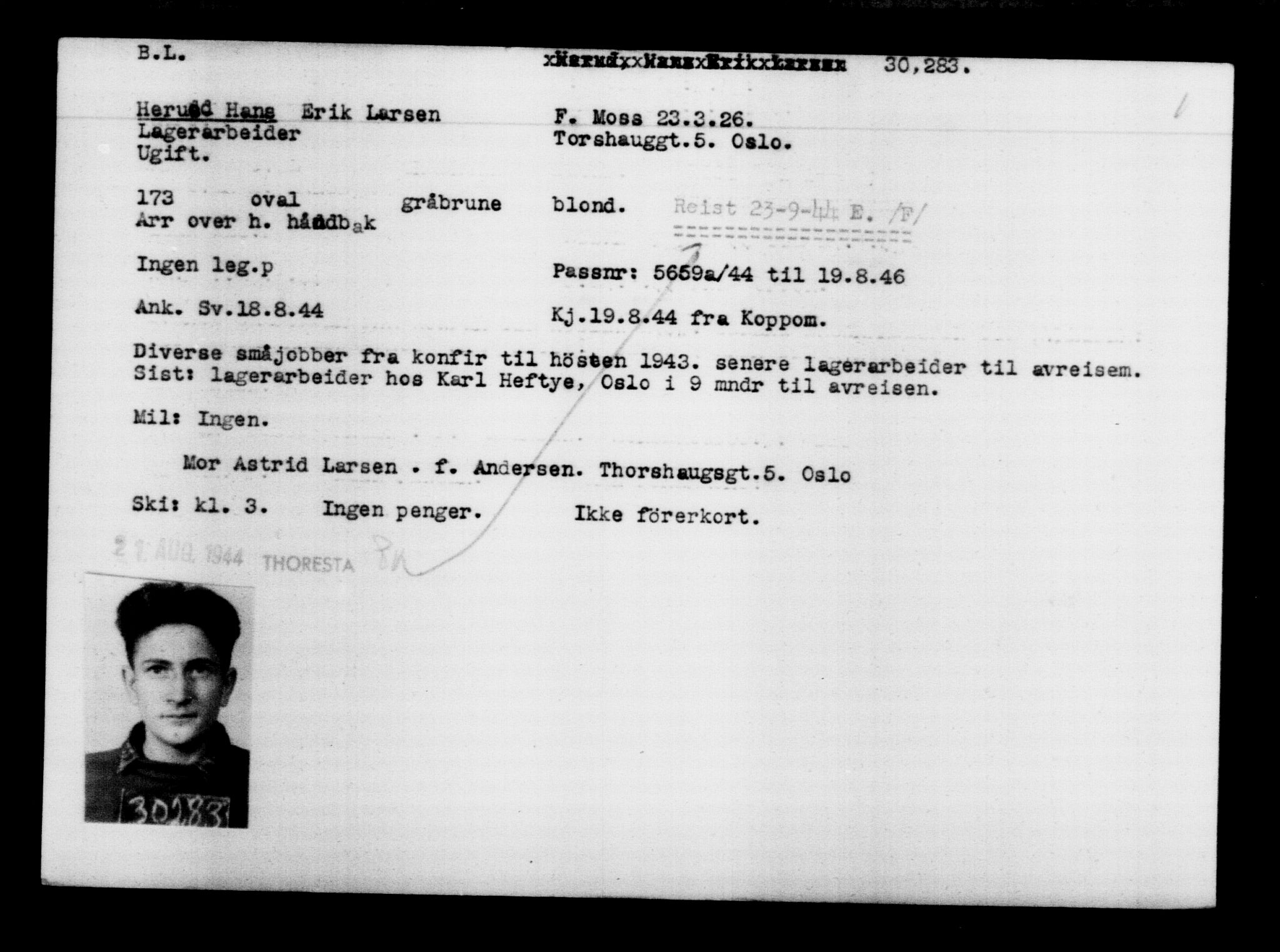 Utenriksstasjonene, Legasjonen i Stockholm, Flyktningkontoret, AV/RA-S-6753/V/Va/L0012: Kjesäterkartoteket, flyktninger med registreringsnr. 28300-31566, 1940-1945, s. 2179