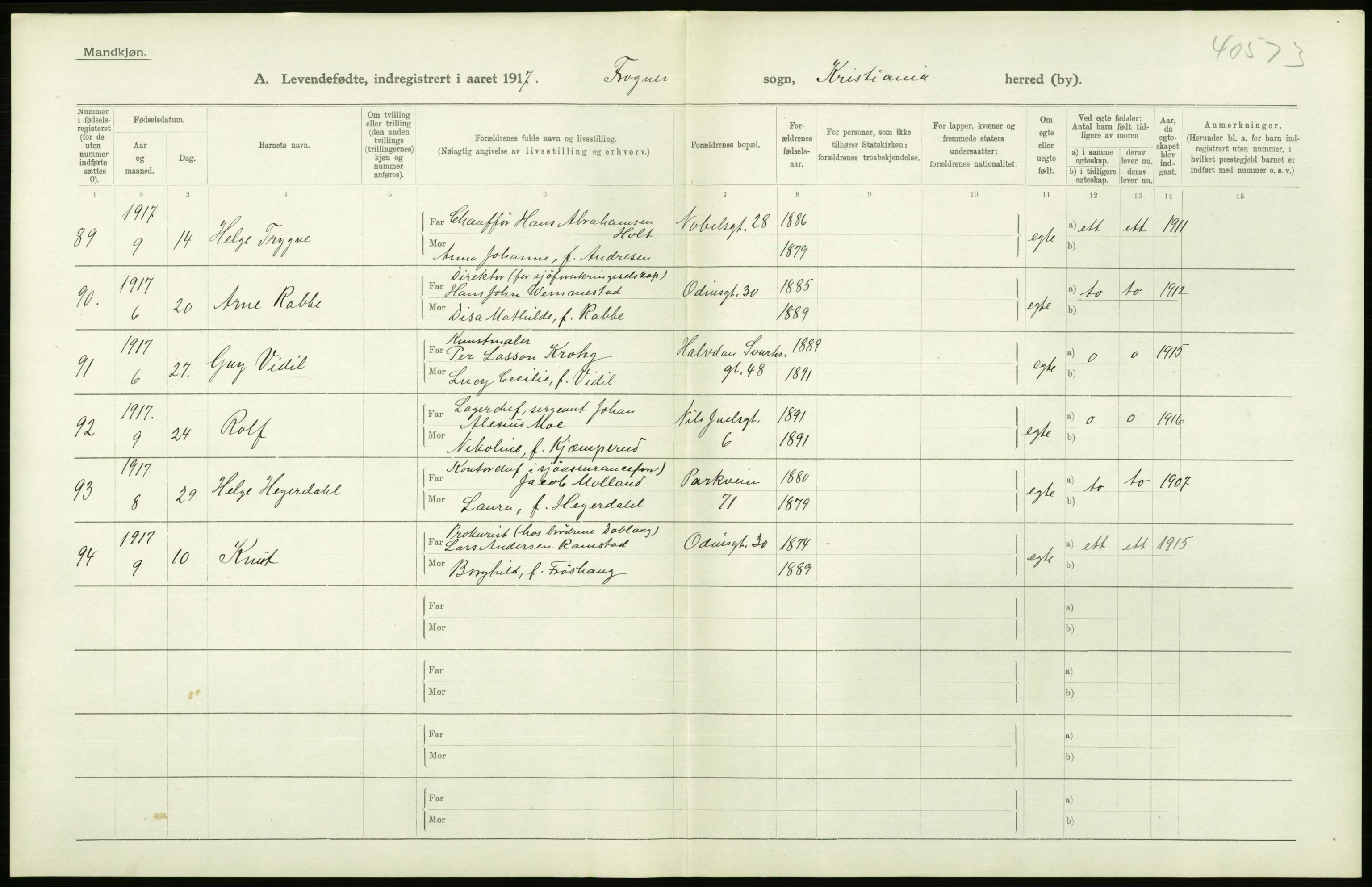 Statistisk sentralbyrå, Sosiodemografiske emner, Befolkning, AV/RA-S-2228/D/Df/Dfb/Dfbg/L0007: Kristiania: Levendefødte menn og kvinner., 1917, s. 244