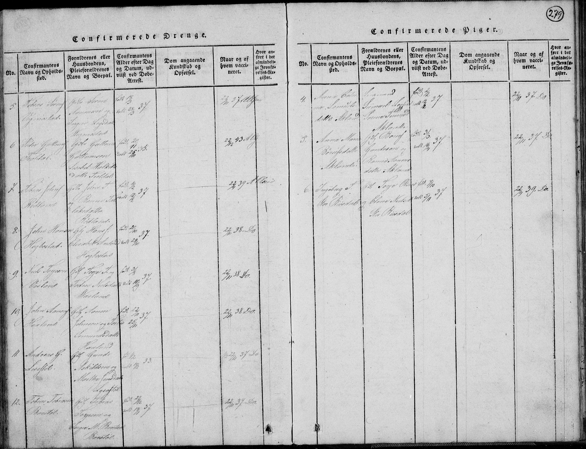 Nord-Audnedal sokneprestkontor, AV/SAK-1111-0032/F/Fb/Fbb/L0001: Klokkerbok nr. B 1, 1816-1858, s. 279