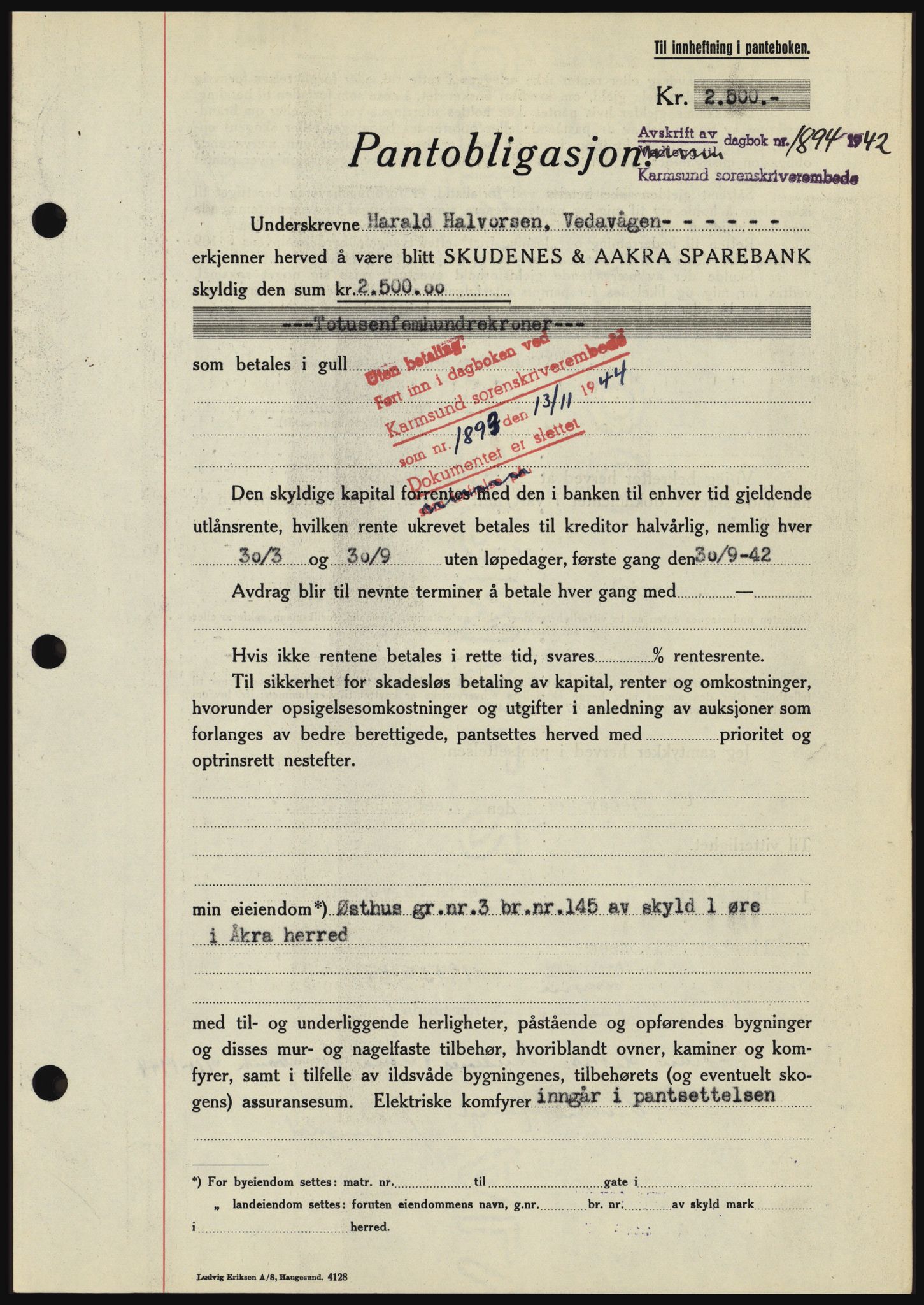 Karmsund sorenskriveri, SAST/A-100311/01/II/IIBBE/L0008: Pantebok nr. B 54, 1942-1943, Dagboknr: 1894/1942