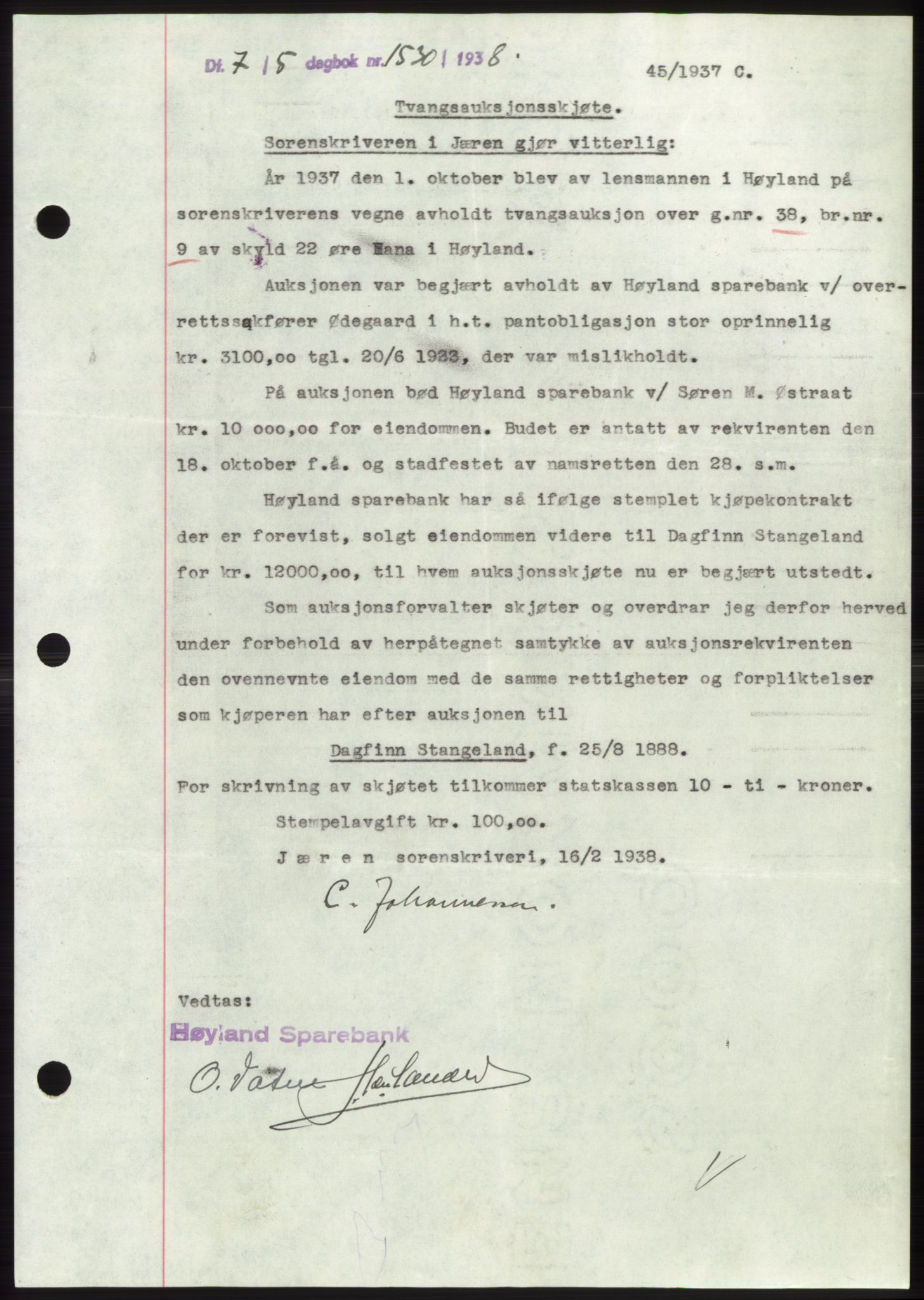 Jæren sorenskriveri, SAST/A-100310/03/G/Gba/L0071: Pantebok, 1938-1938, Dagboknr: 1530/1938
