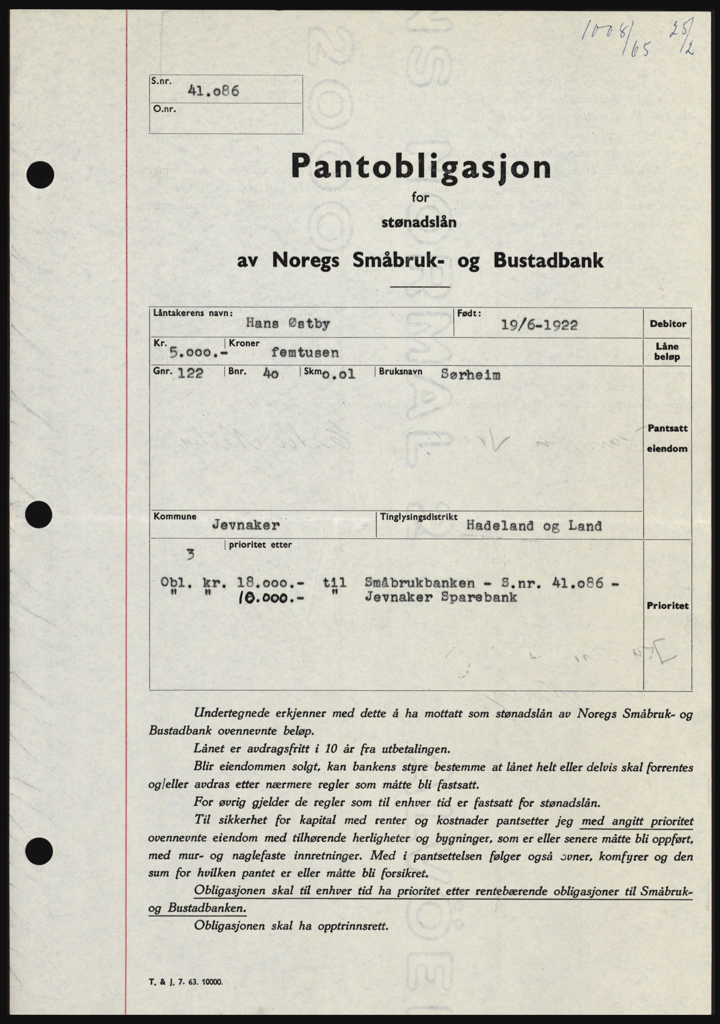 Hadeland og Land tingrett, SAH/TING-010/H/Hb/Hbc/L0058: Pantebok nr. B58, 1965-1965, Dagboknr: 1008/1965