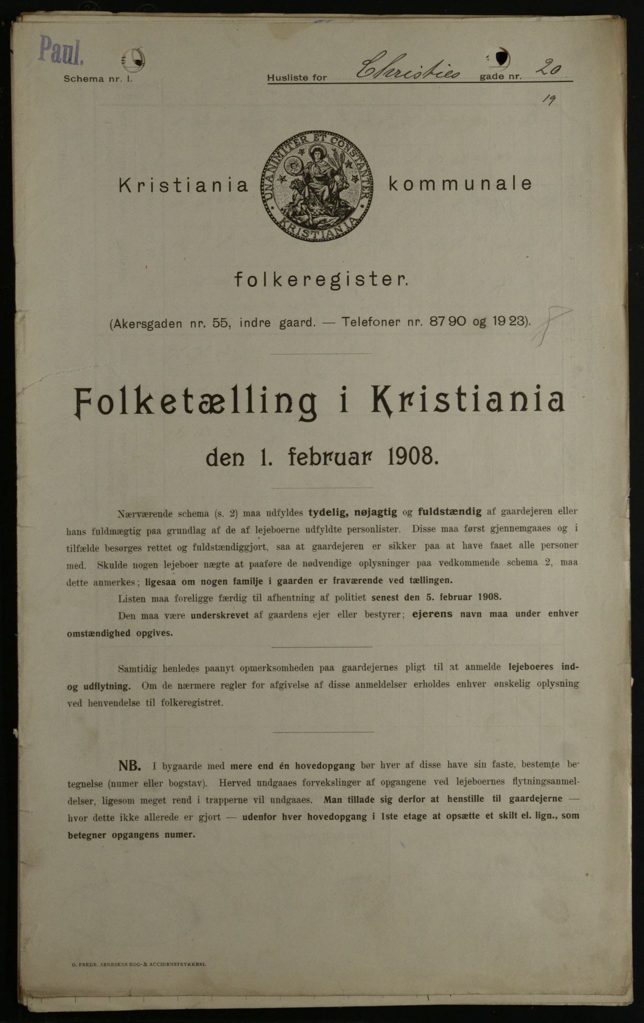 OBA, Kommunal folketelling 1.2.1908 for Kristiania kjøpstad, 1908, s. 11605