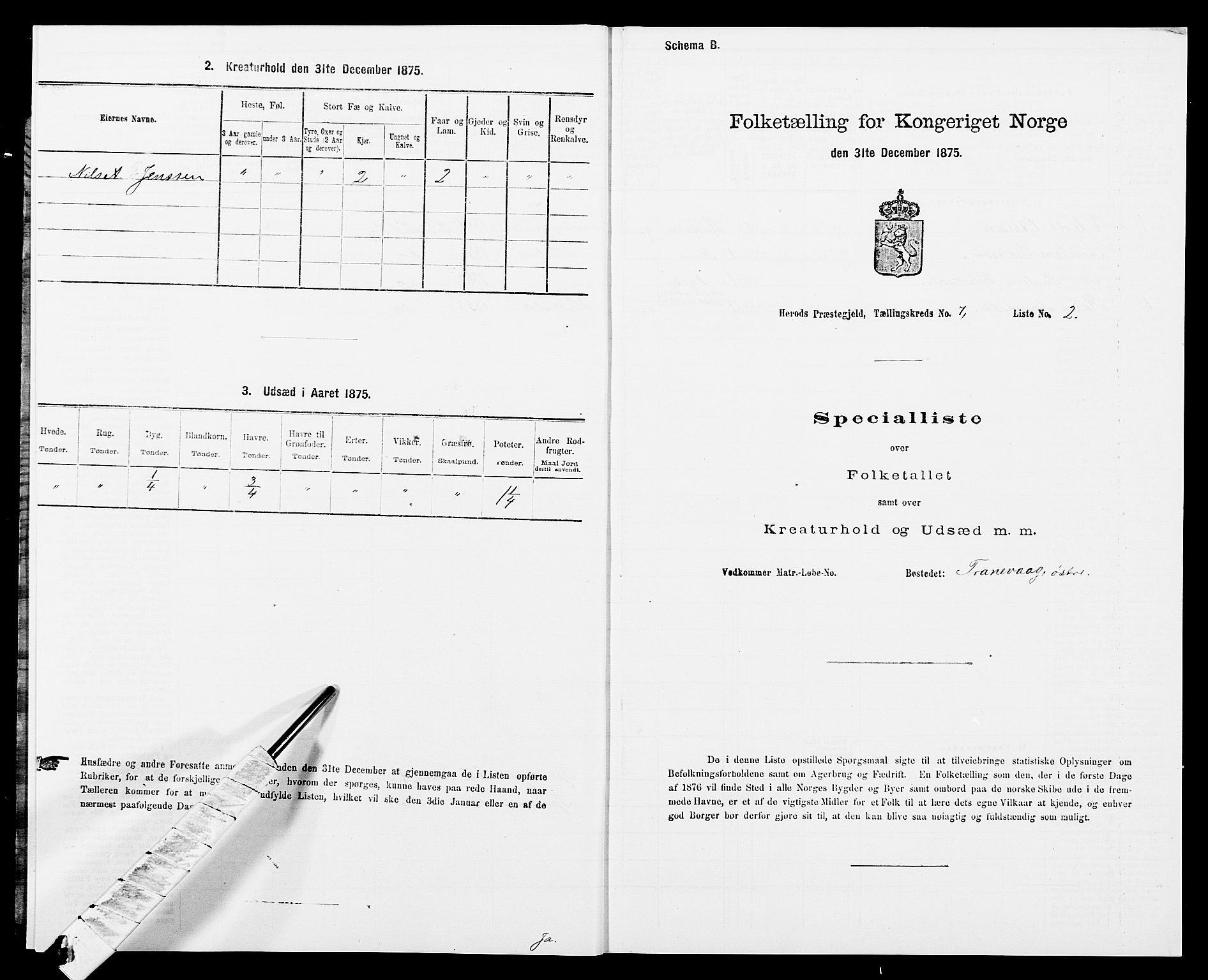 SAK, Folketelling 1875 for 1039P Herad prestegjeld, 1875, s. 838