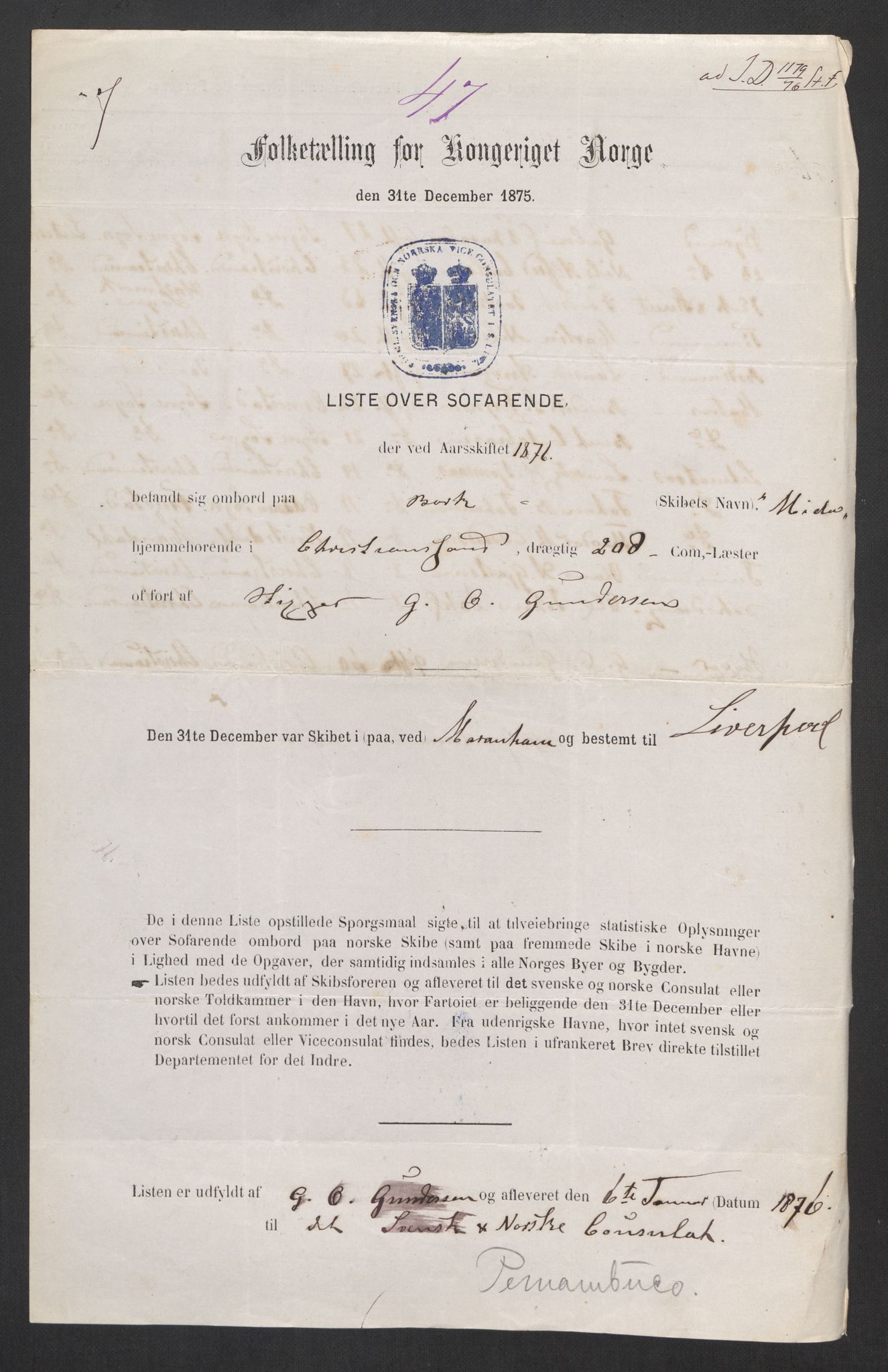 RA, Folketelling 1875, skipslister: Skip i utenrikske havner, hjemmehørende i 1) byer og ladesteder, Grimstad - Tromsø, 2) landdistrikter, 1875, s. 328