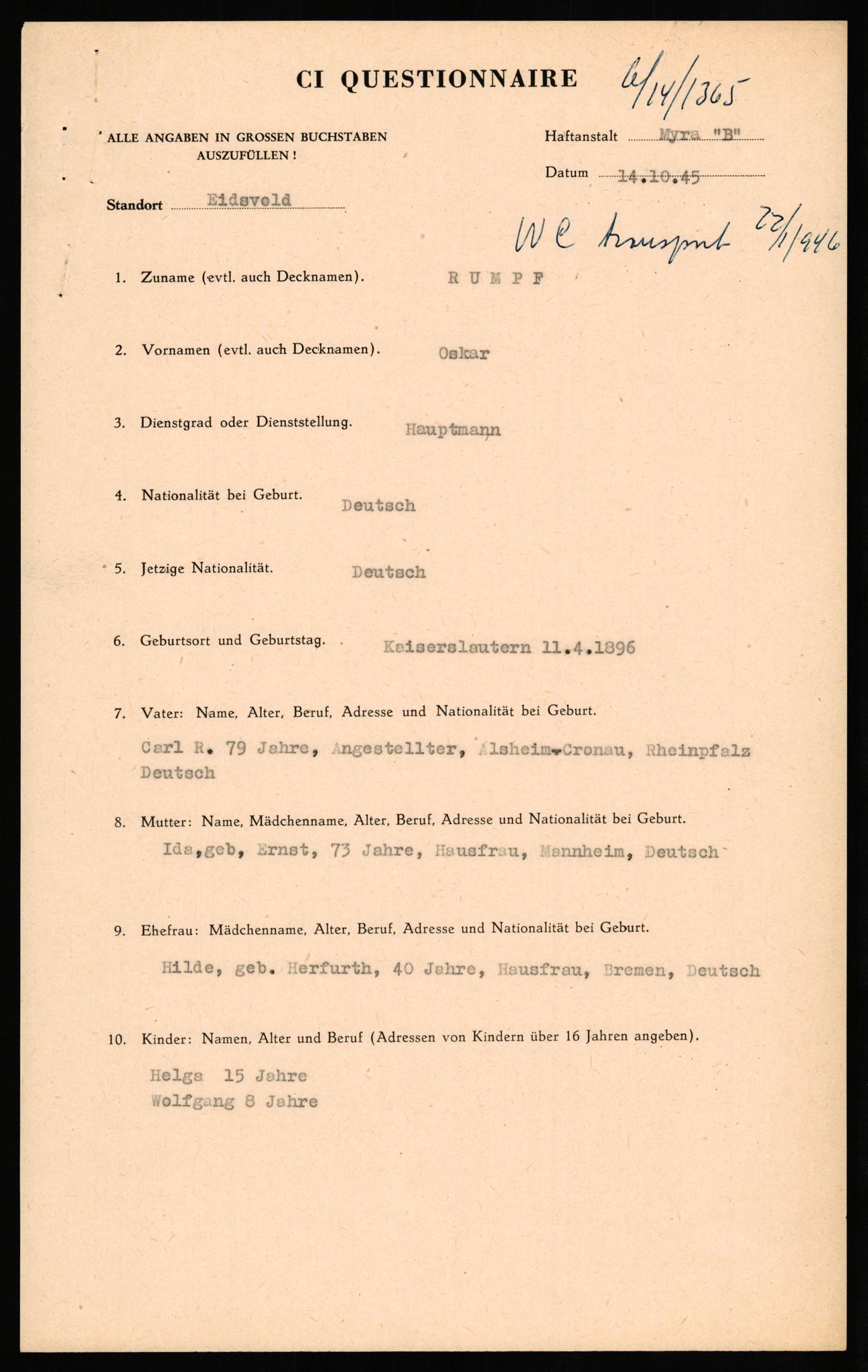 Forsvaret, Forsvarets overkommando II, AV/RA-RAFA-3915/D/Db/L0028: CI Questionaires. Tyske okkupasjonsstyrker i Norge. Tyskere., 1945-1946, s. 221