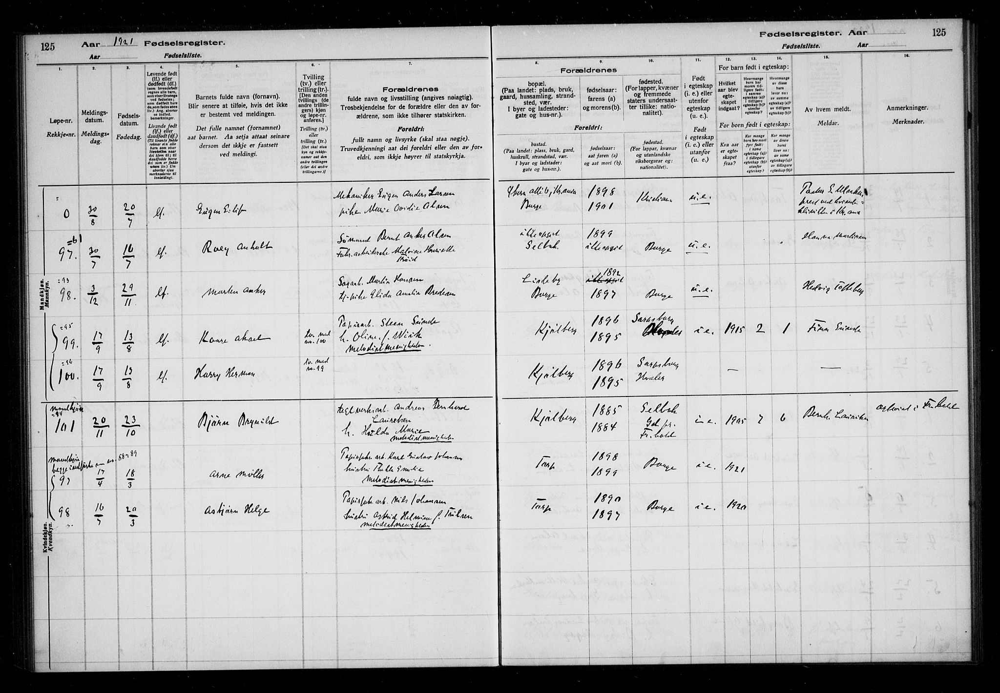 Borge prestekontor Kirkebøker, AV/SAO-A-10903/J/Ja/L0001: Fødselsregister nr. I 1, 1916-1925, s. 125