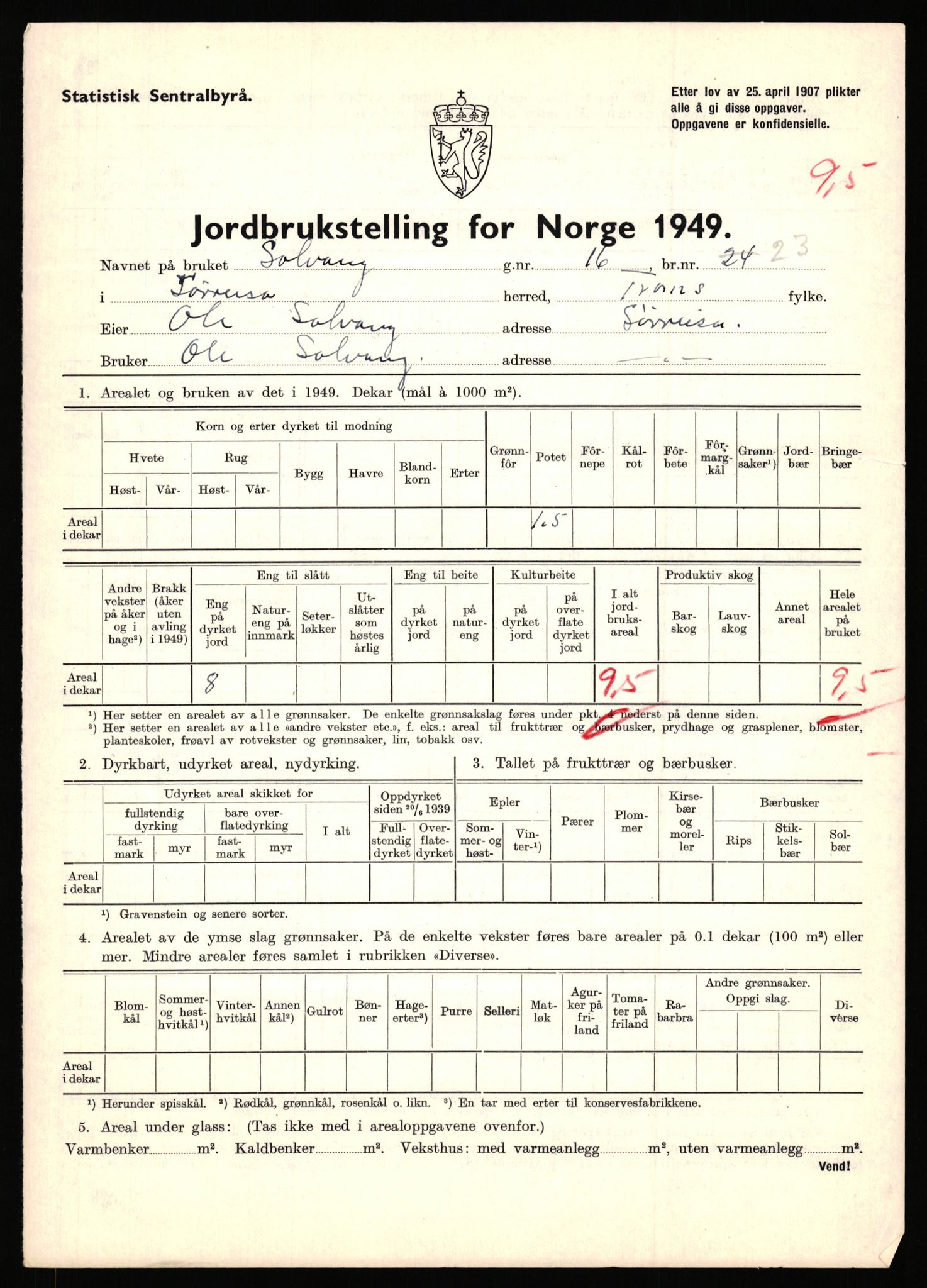 Statistisk sentralbyrå, Næringsøkonomiske emner, Jordbruk, skogbruk, jakt, fiske og fangst, AV/RA-S-2234/G/Gc/L0440: Troms: Sørreisa og Dyrøy, 1949, s. 110