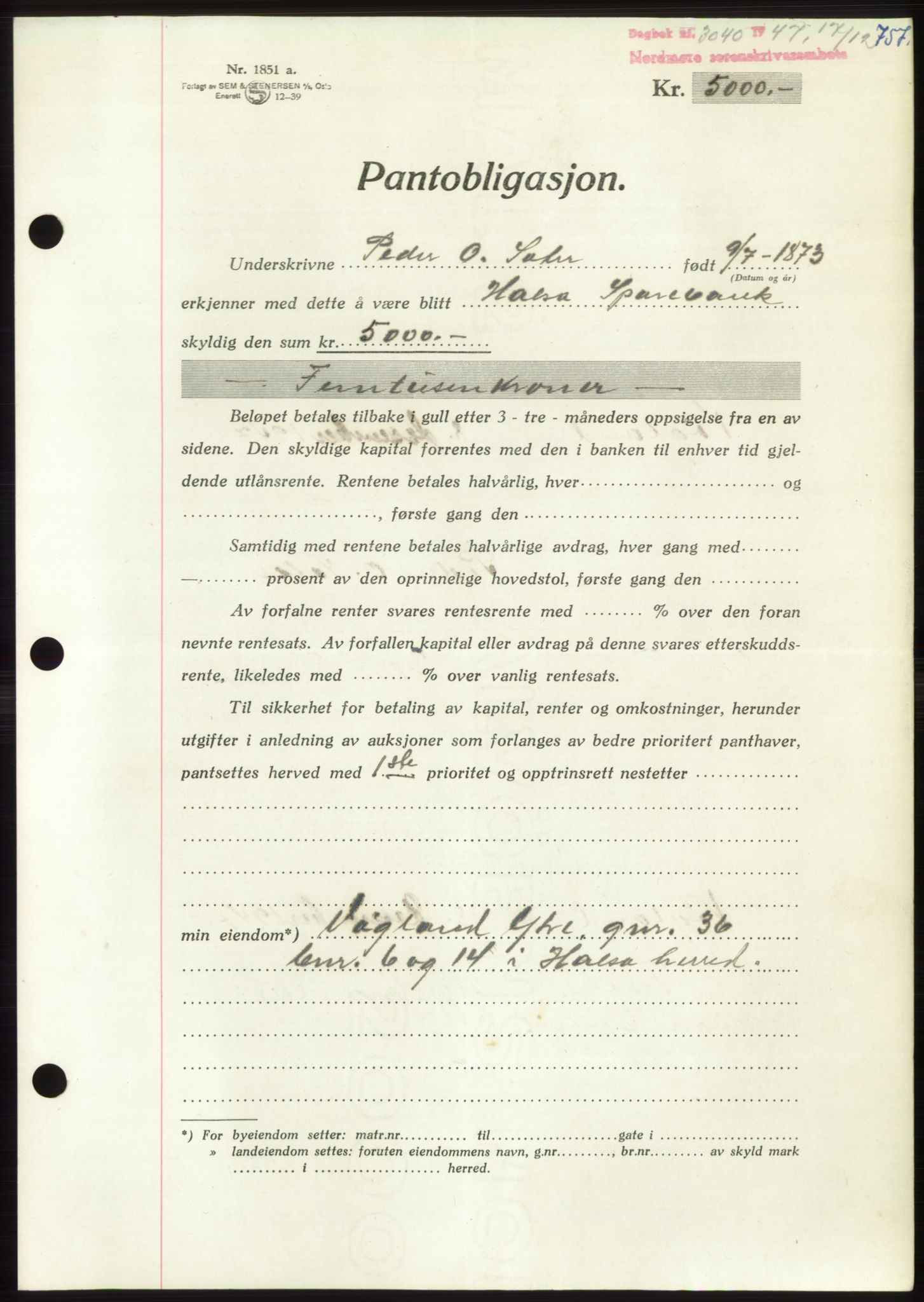 Nordmøre sorenskriveri, AV/SAT-A-4132/1/2/2Ca: Pantebok nr. B97, 1947-1948, Dagboknr: 3040/1947