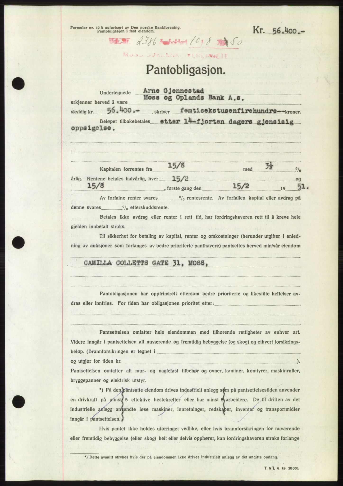 Moss sorenskriveri, SAO/A-10168: Pantebok nr. B25, 1950-1950, Dagboknr: 2386/1950