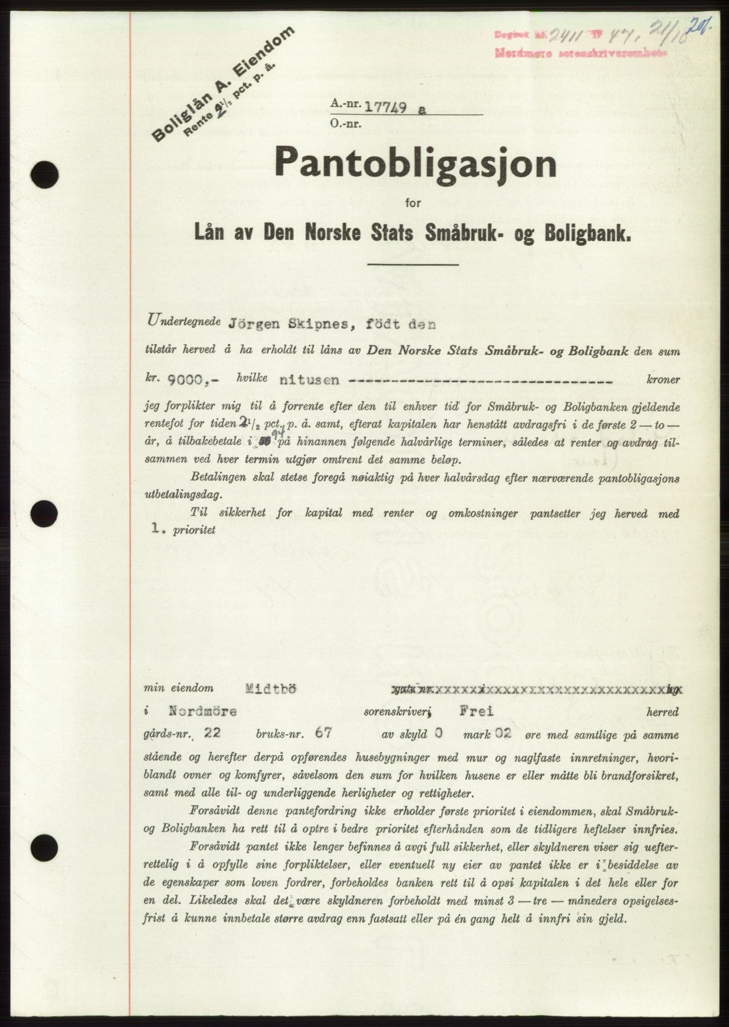 Nordmøre sorenskriveri, AV/SAT-A-4132/1/2/2Ca: Pantebok nr. B97, 1947-1948, Dagboknr: 2411/1947