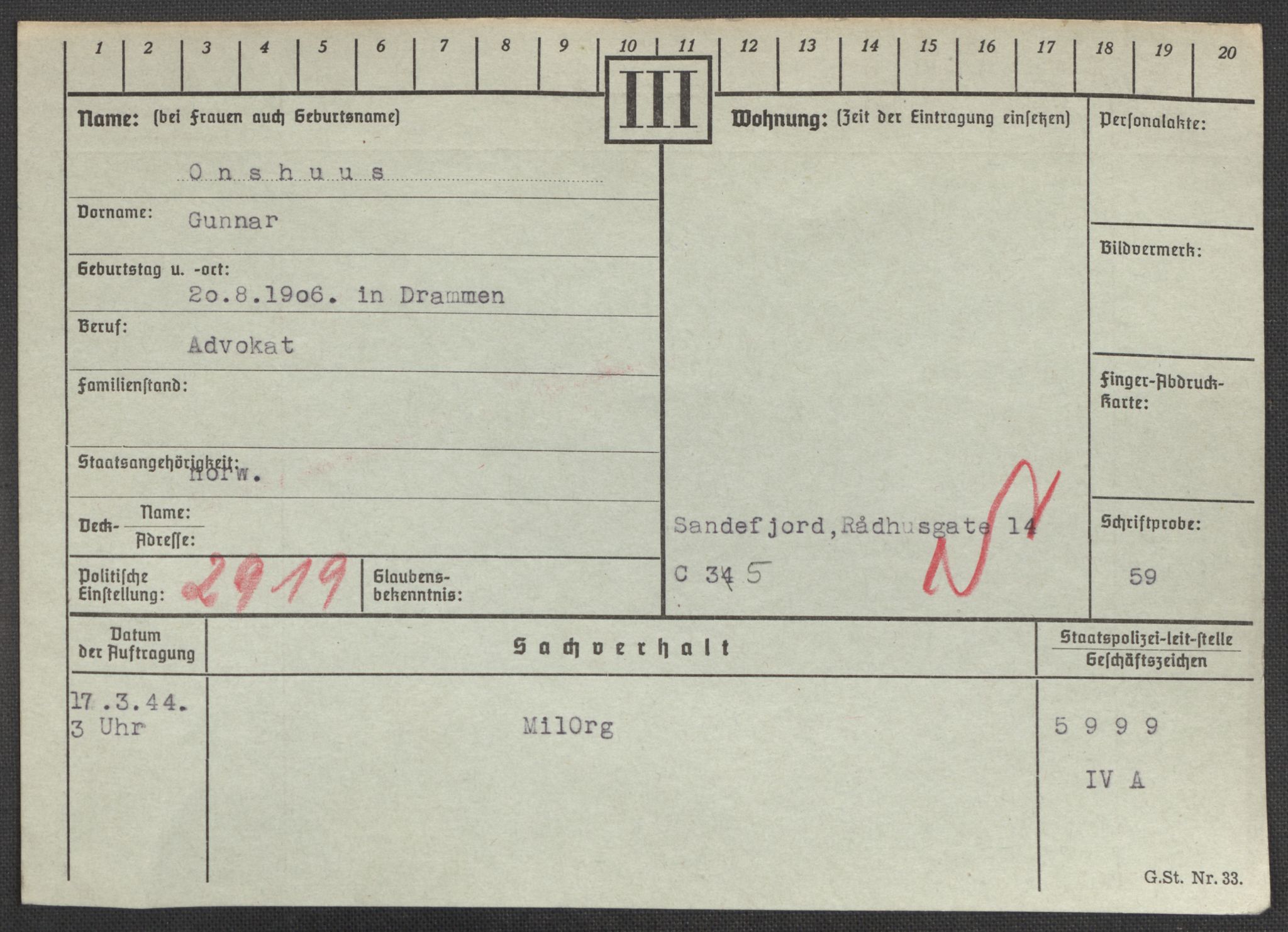 Befehlshaber der Sicherheitspolizei und des SD, RA/RAFA-5969/E/Ea/Eaa/L0008: Register over norske fanger i Møllergata 19: Oelze-Ru, 1940-1945, s. 452