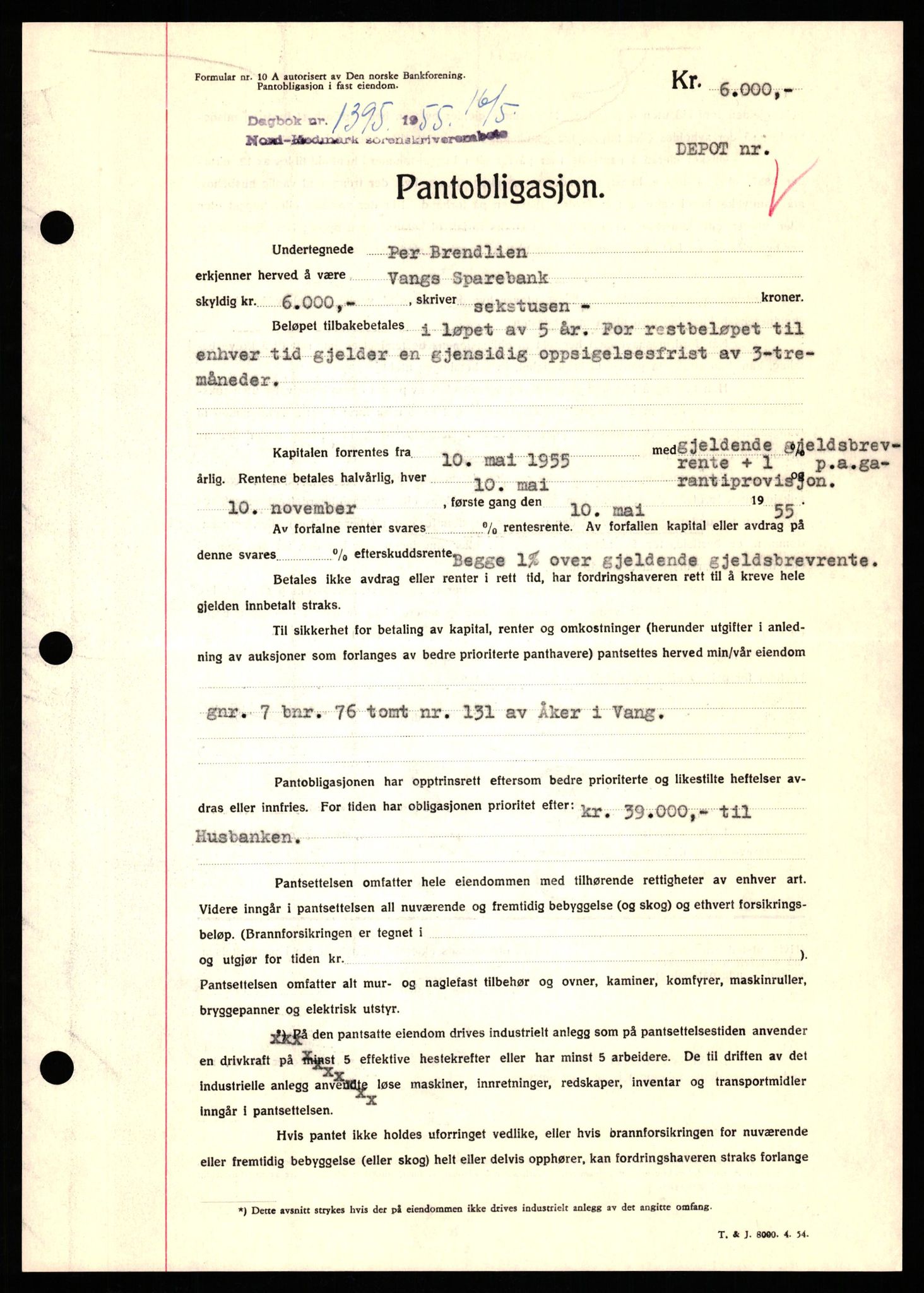 Nord-Hedmark sorenskriveri, SAH/TING-012/H/Hb/Hbf/L0032: Pantebok nr. B32, 1955-1955, Dagboknr: 1395/1952