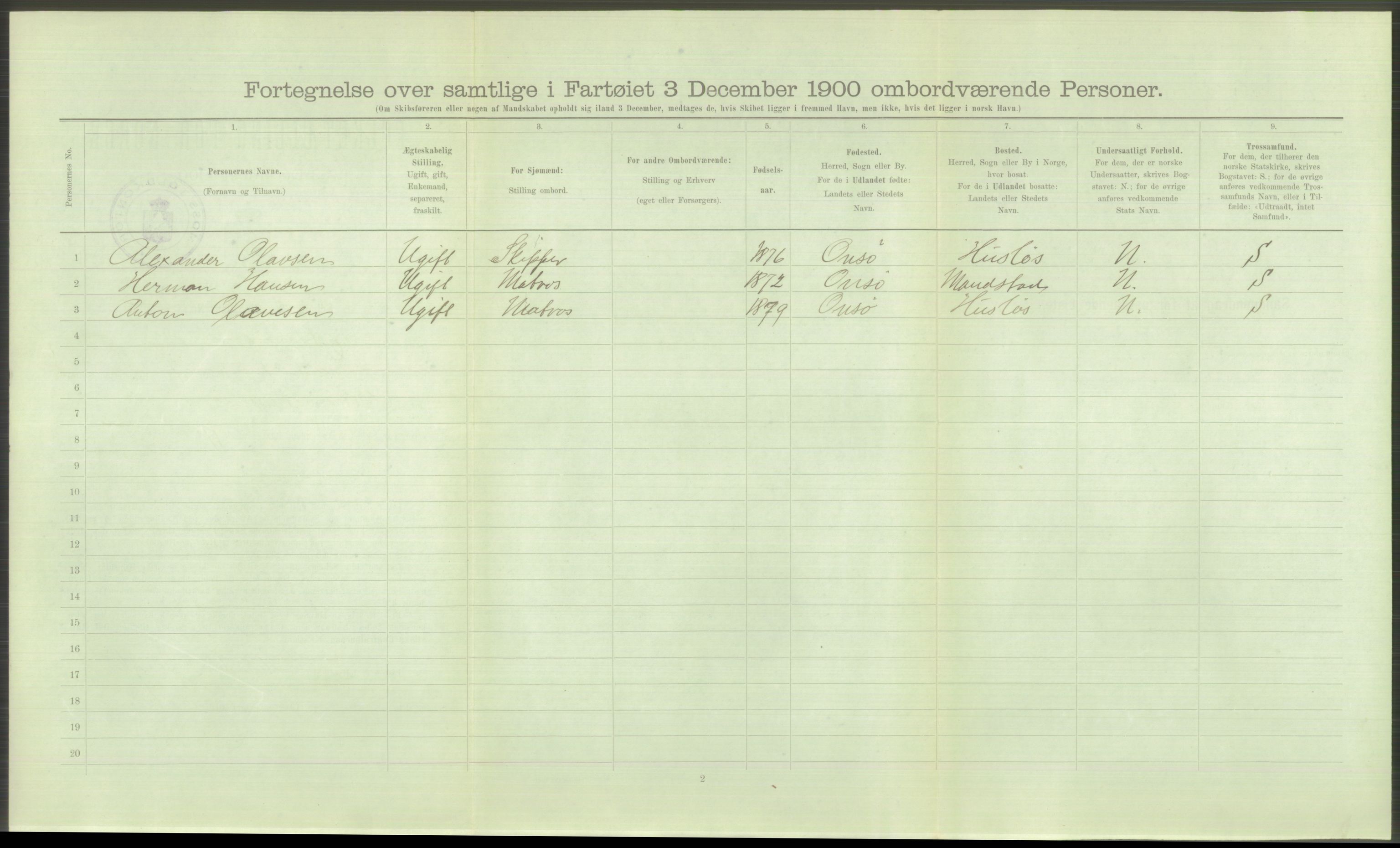 RA, Folketelling 1900 - skipslister med personlister for skip i norske havner, utenlandske havner og til havs, 1900, s. 144