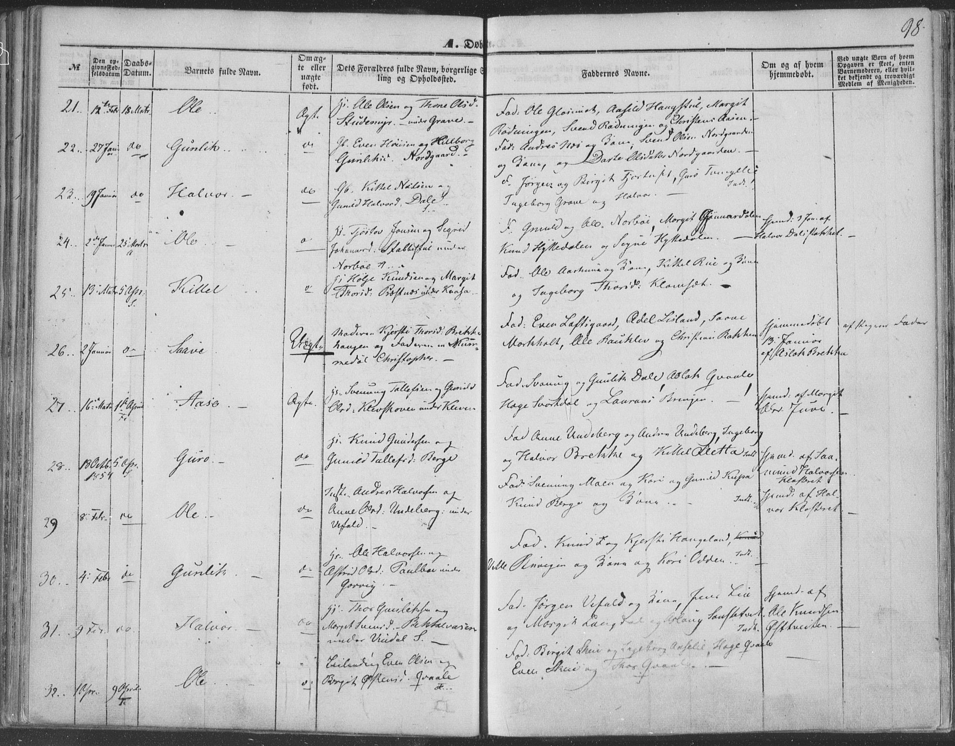 Seljord kirkebøker, AV/SAKO-A-20/F/Fa/L012a: Ministerialbok nr. I 12A, 1850-1865, s. 98