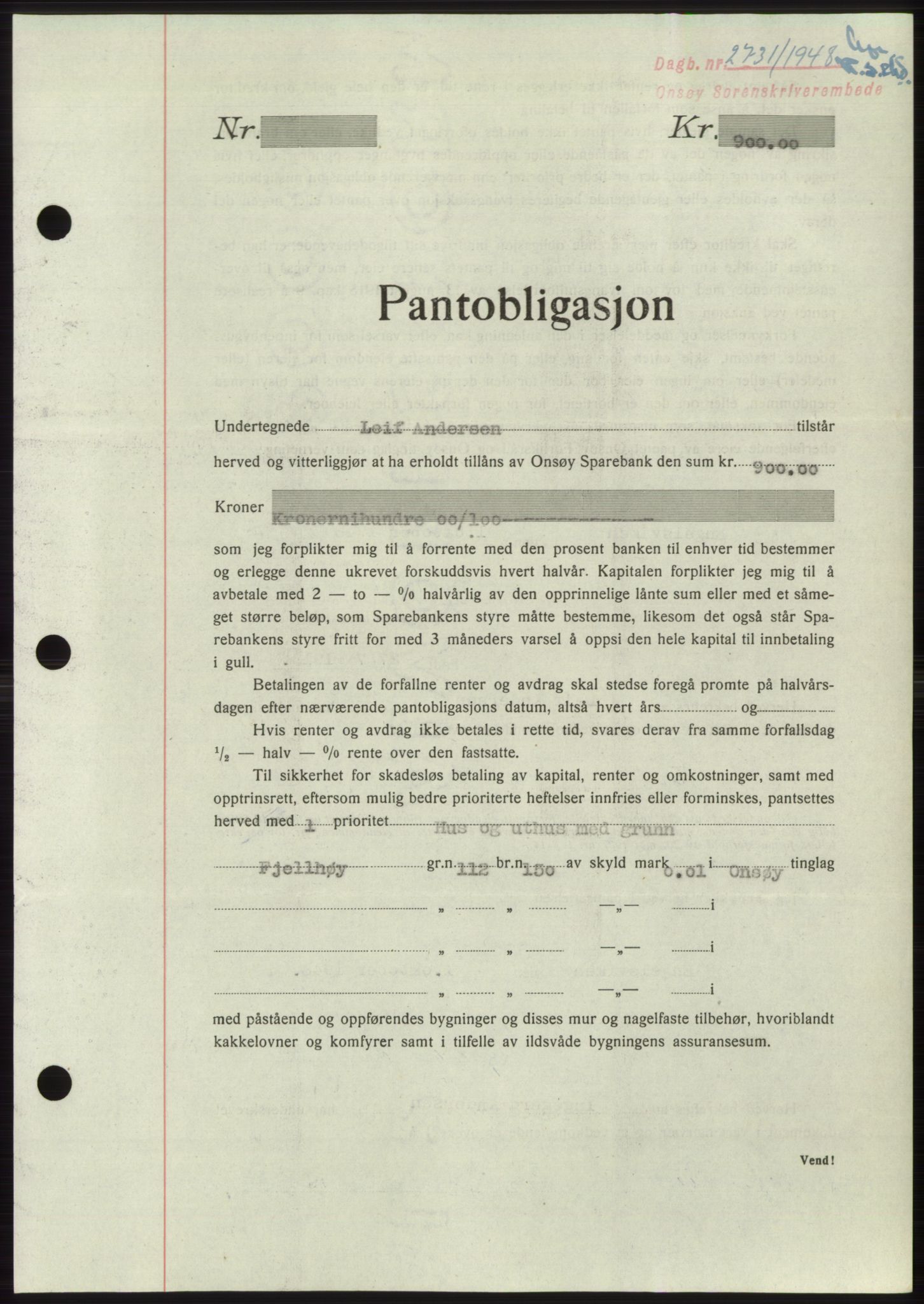 Onsøy sorenskriveri, SAO/A-10474/G/Ga/Gac/L0007: Pantebok nr. B 14-7, 1948-1948, Dagboknr: 2731/1948