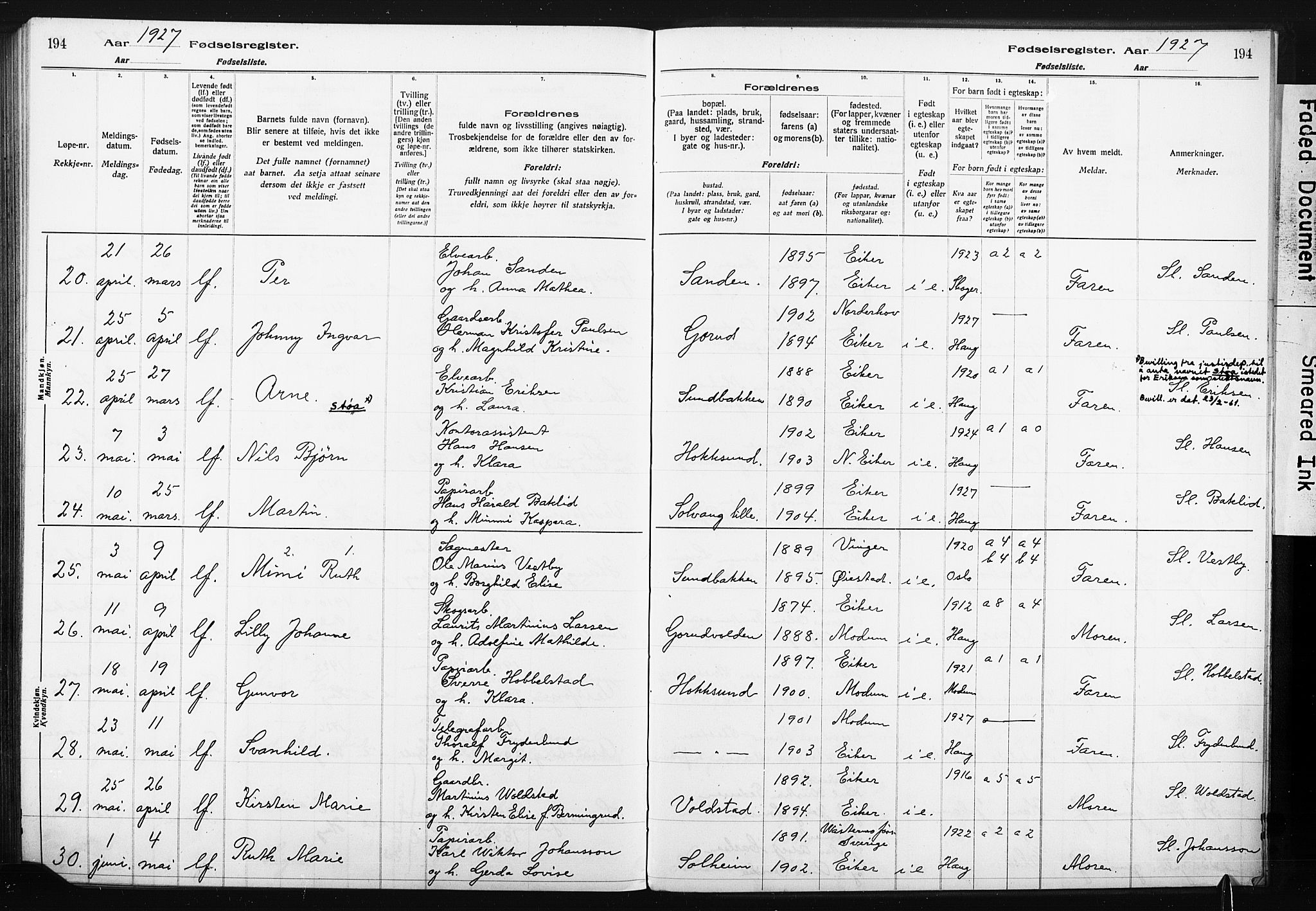 Eiker kirkebøker, AV/SAKO-A-4/J/Ja/L0001: Fødselsregister nr. I 1, 1916-1927, s. 194