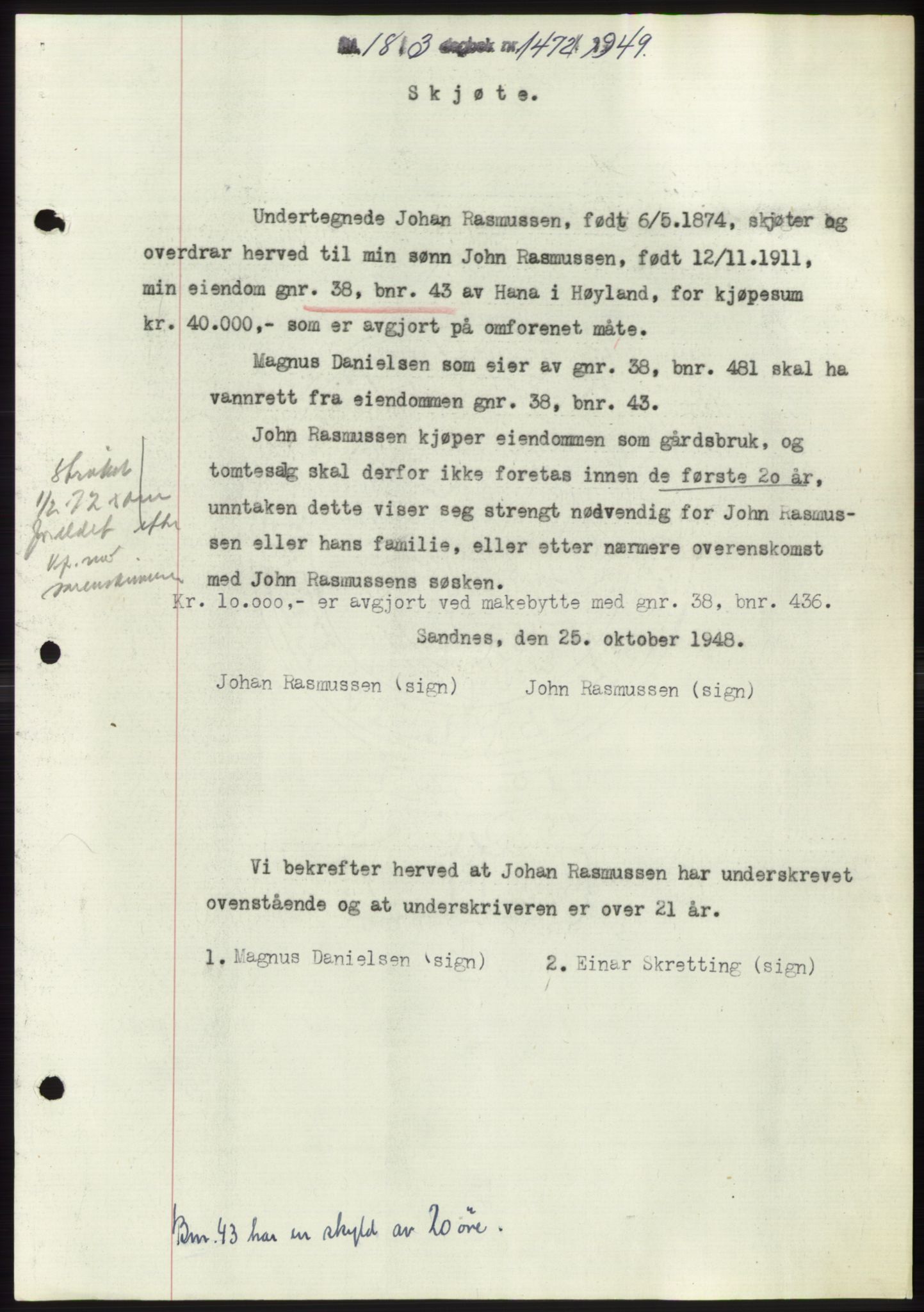 Jæren sorenskriveri, SAST/A-100310/03/G/Gba/L0102: Pantebok, 1949-1949, Dagboknr: 1472/1949