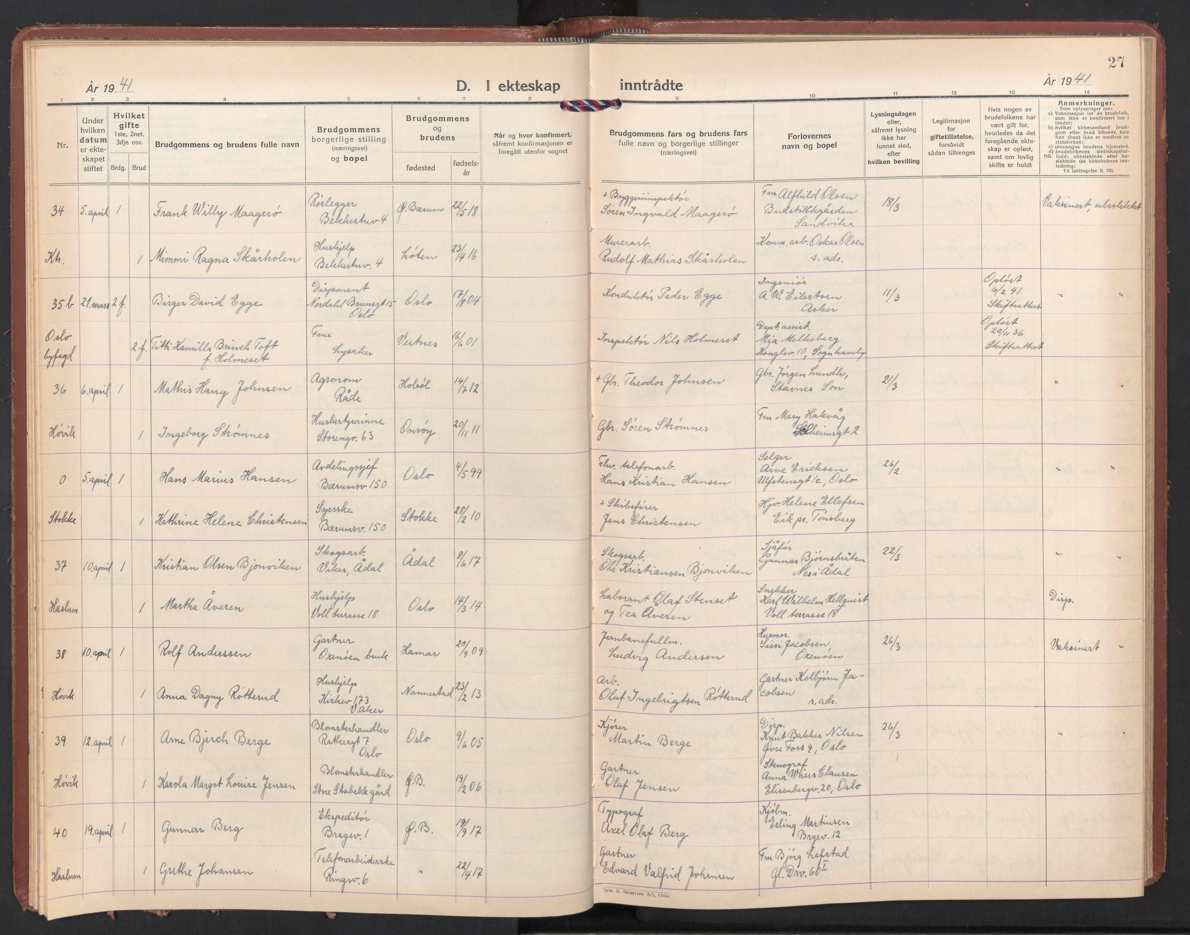 Østre Bærum prestekontor Kirkebøker, AV/SAO-A-10887/F/Fa/L0008: Ministerialbok nr. 8, 1940-1948, s. 27
