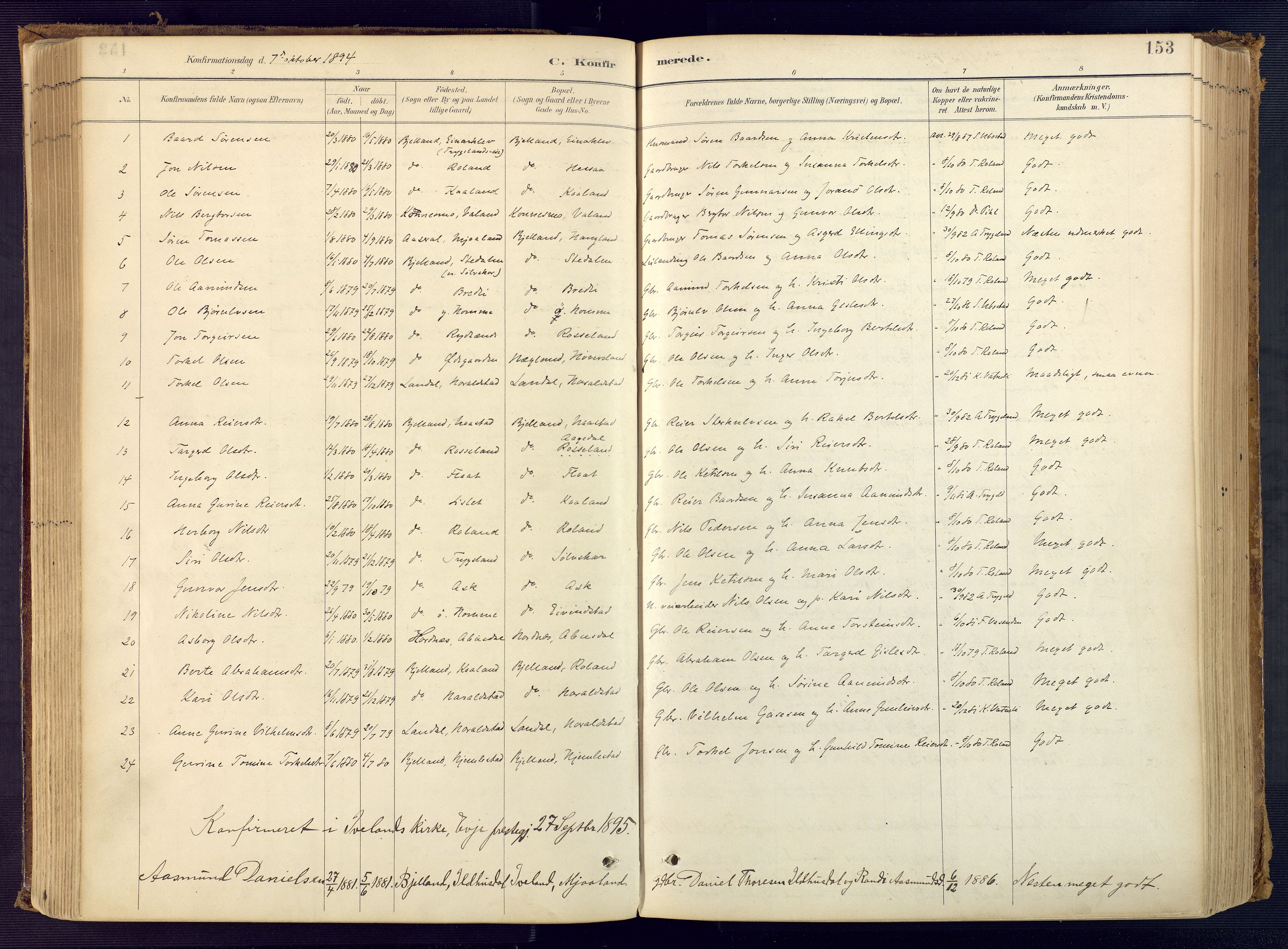 Bjelland sokneprestkontor, SAK/1111-0005/F/Fa/Faa/L0004: Ministerialbok nr. A 4, 1887-1923, s. 153