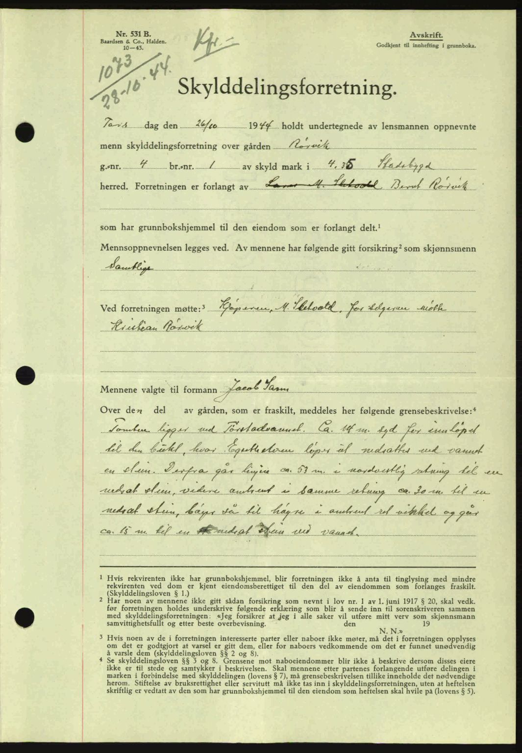 Fosen sorenskriveri, AV/SAT-A-1107/1/2/2C: Pantebok nr. A3, 1943-1945, Dagboknr: 1073/1944