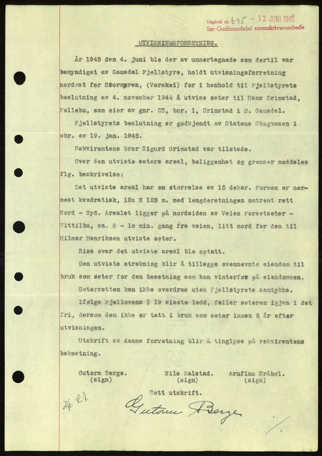 Sør-Gudbrandsdal tingrett, SAH/TING-004/H/Hb/Hbd/L0014: Pantebok nr. A14, 1944-1945, Dagboknr: 695/1945