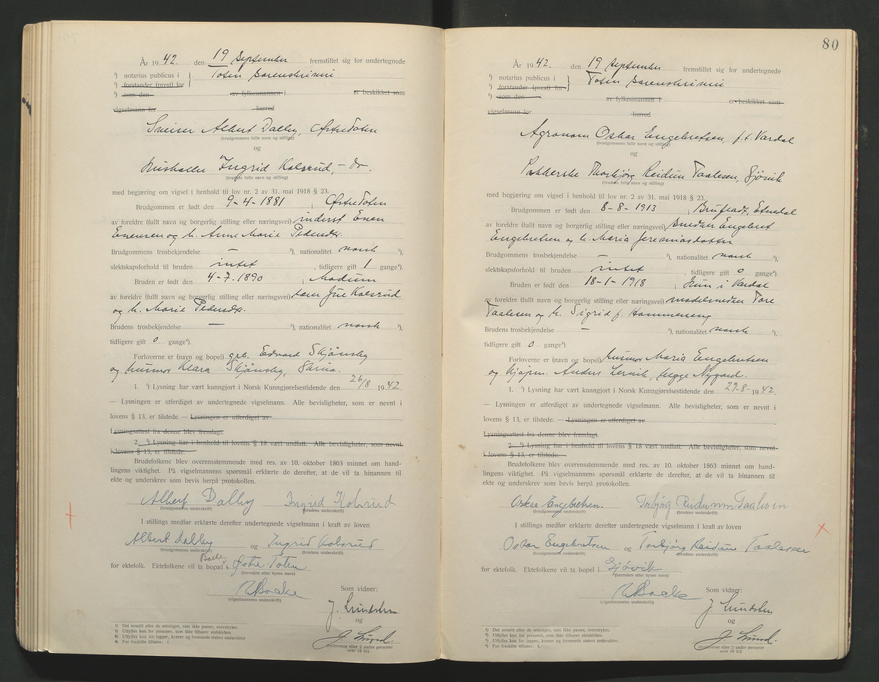 Toten tingrett, AV/SAH-TING-006/L/Lc/L0001: Vigselbok, 1920-1942, s. 80