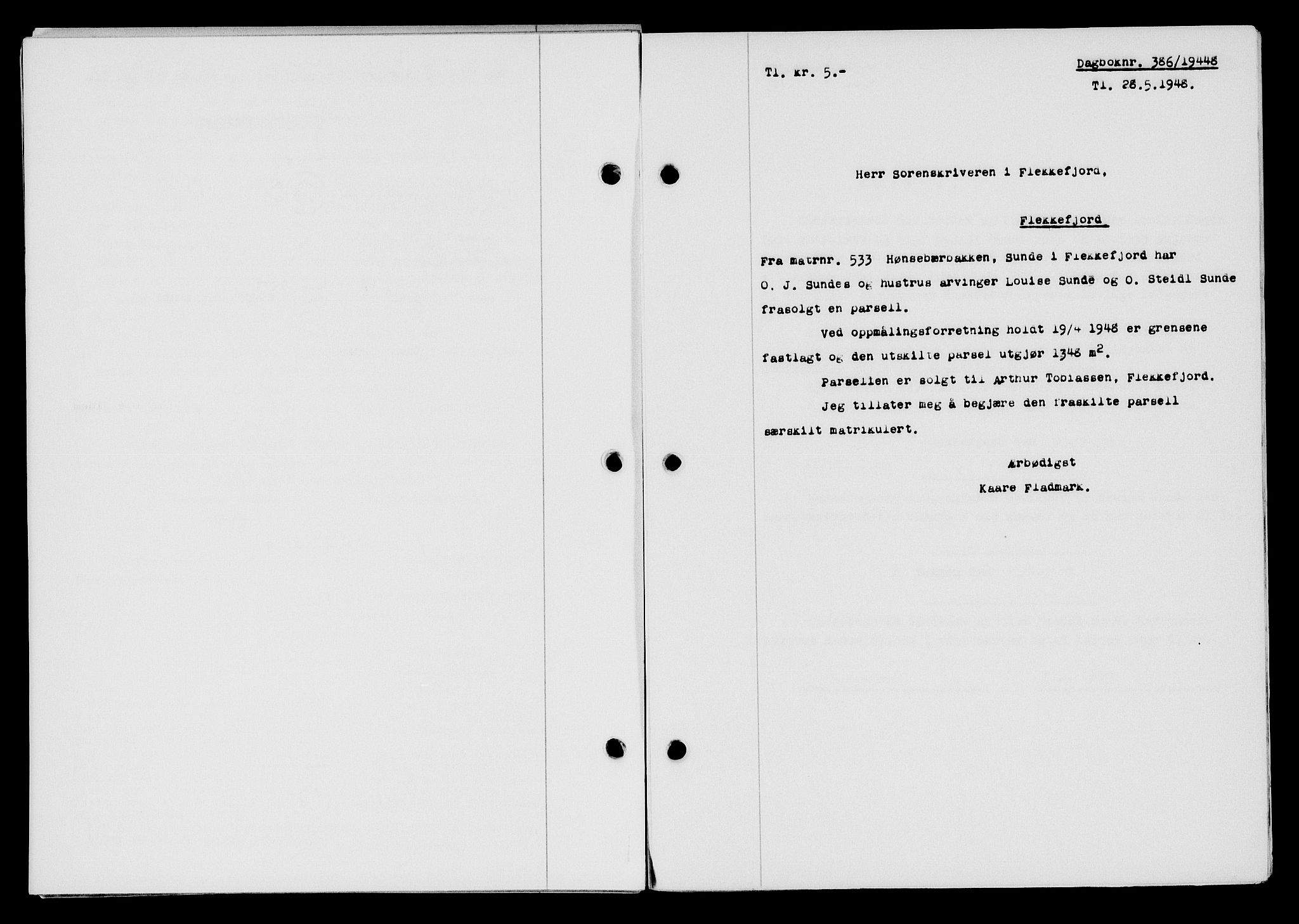 Flekkefjord sorenskriveri, SAK/1221-0001/G/Gb/Gba/L0063: Pantebok nr. A-11, 1947-1948, Dagboknr: 386/1948