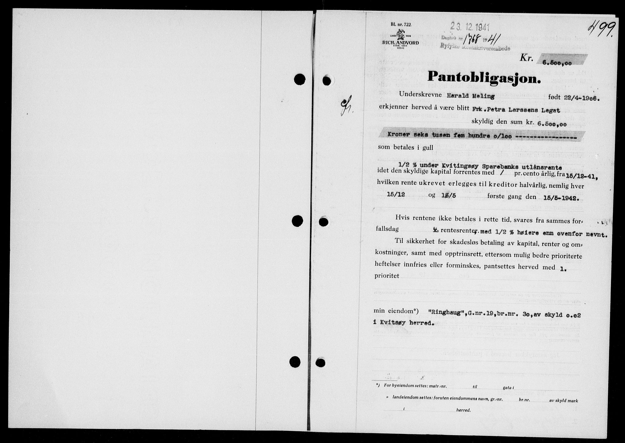 Ryfylke tingrett, SAST/A-100055/001/II/IIB/L0083: Pantebok nr. 62, 1941-1941, Dagboknr: 1768/1941