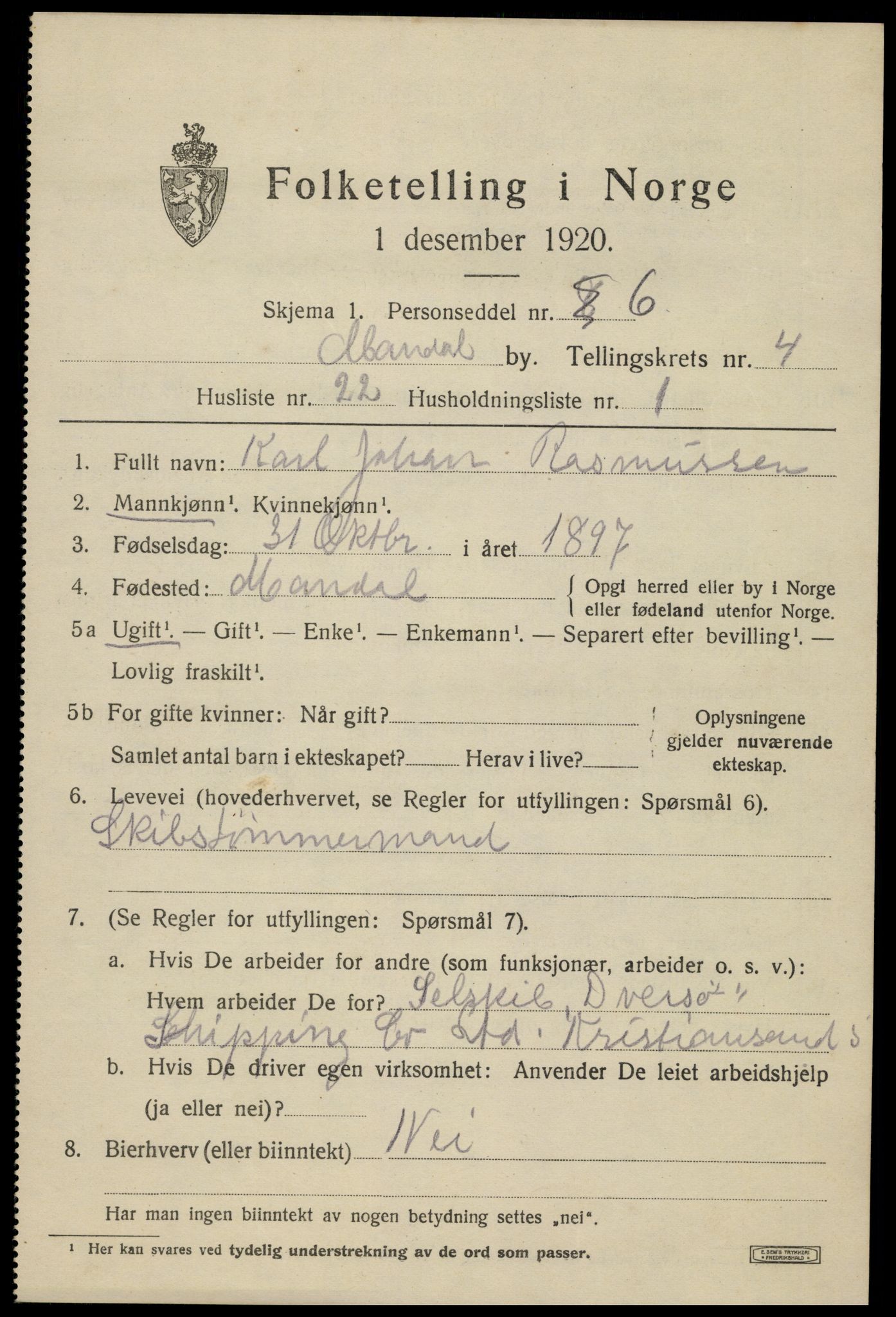SAK, Folketelling 1920 for 1002 Mandal ladested, 1920, s. 7251