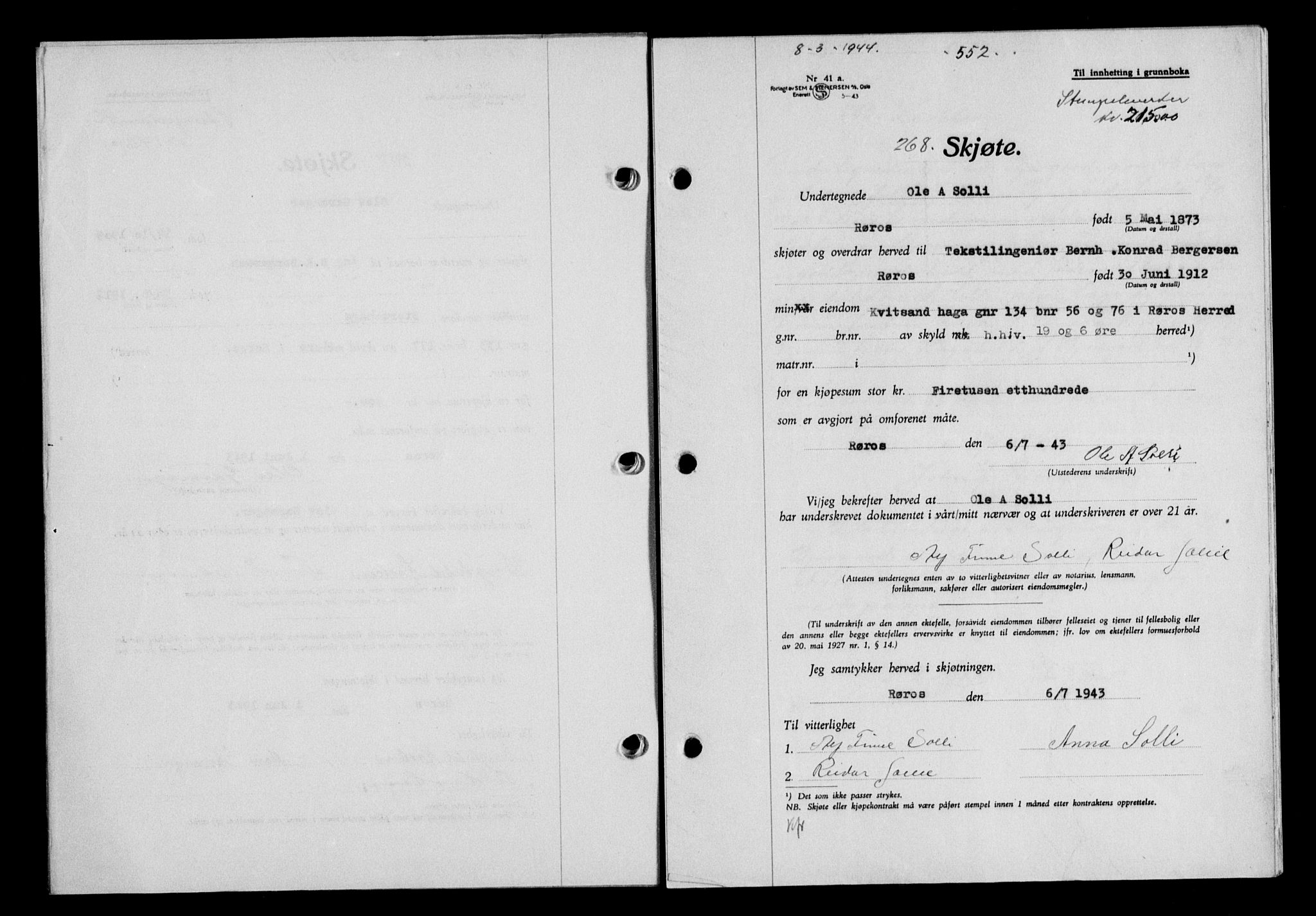 Gauldal sorenskriveri, SAT/A-0014/1/2/2C/L0057: Pantebok nr. 62, 1943-1944, Dagboknr: 268/1944