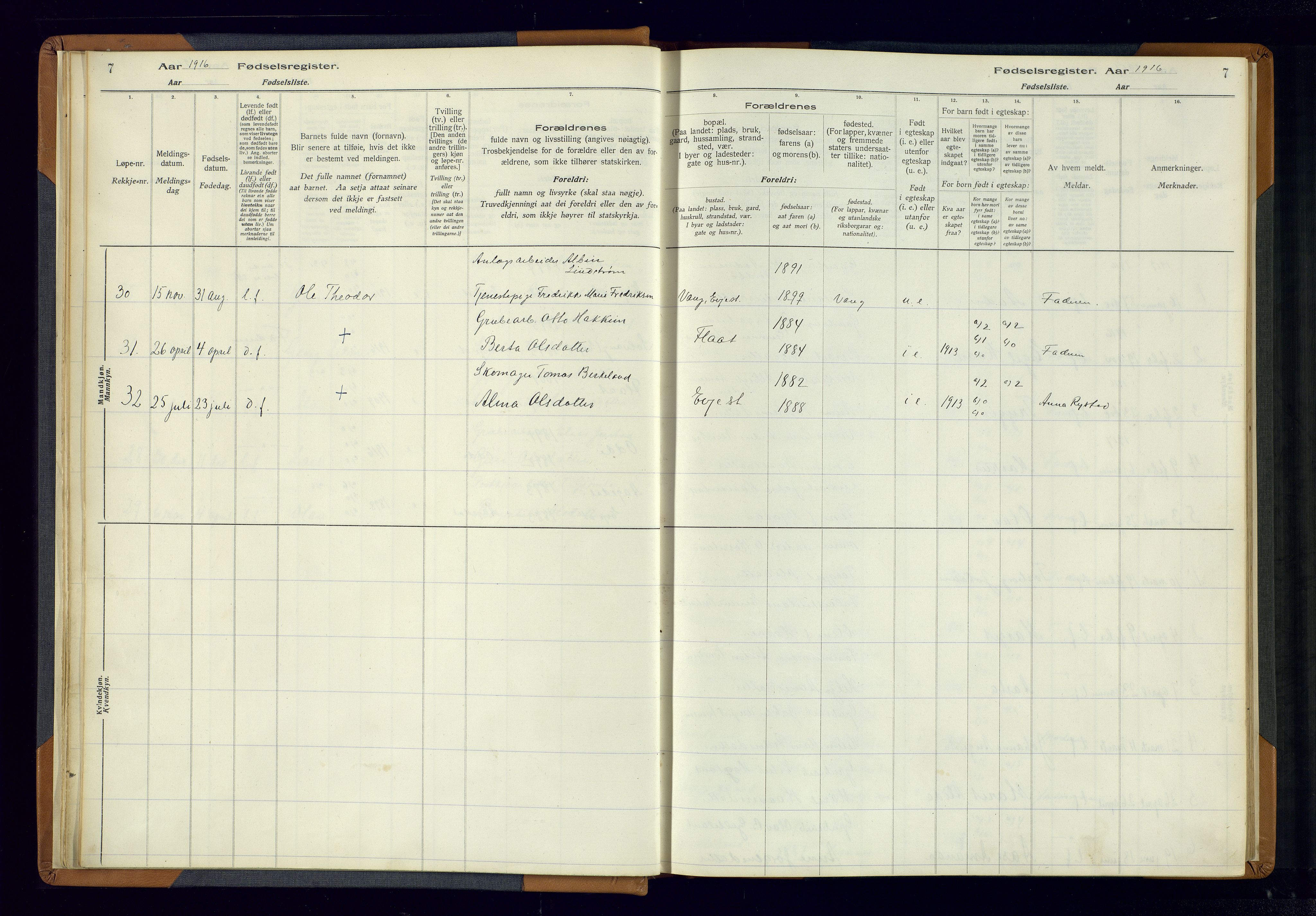 Evje sokneprestkontor, AV/SAK-1111-0008/J/Jc/L0004: Fødselsregister nr. 4, 1916-1968, s. 7