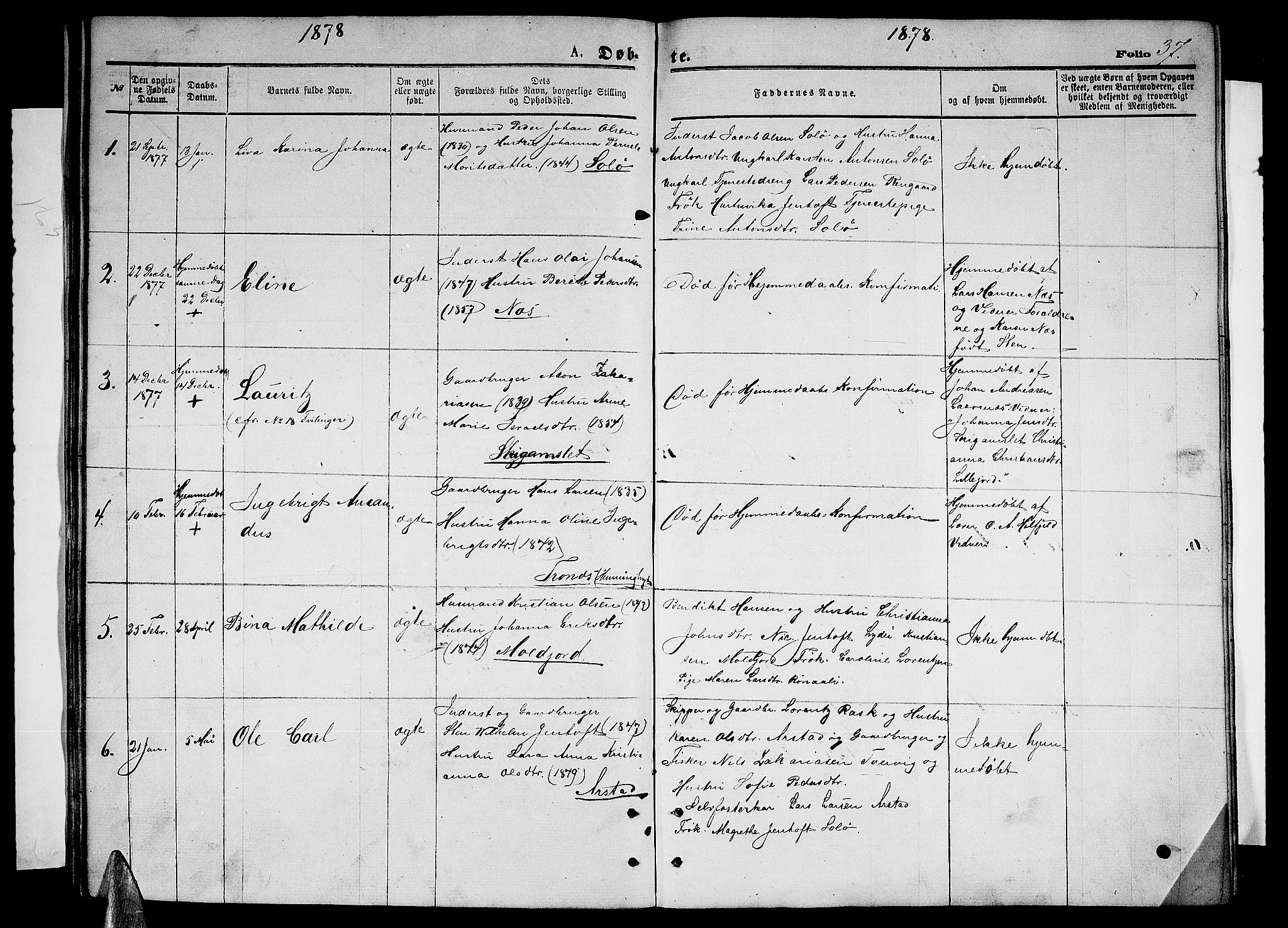 Ministerialprotokoller, klokkerbøker og fødselsregistre - Nordland, SAT/A-1459/846/L0653: Klokkerbok nr. 846C03, 1872-1887, s. 37