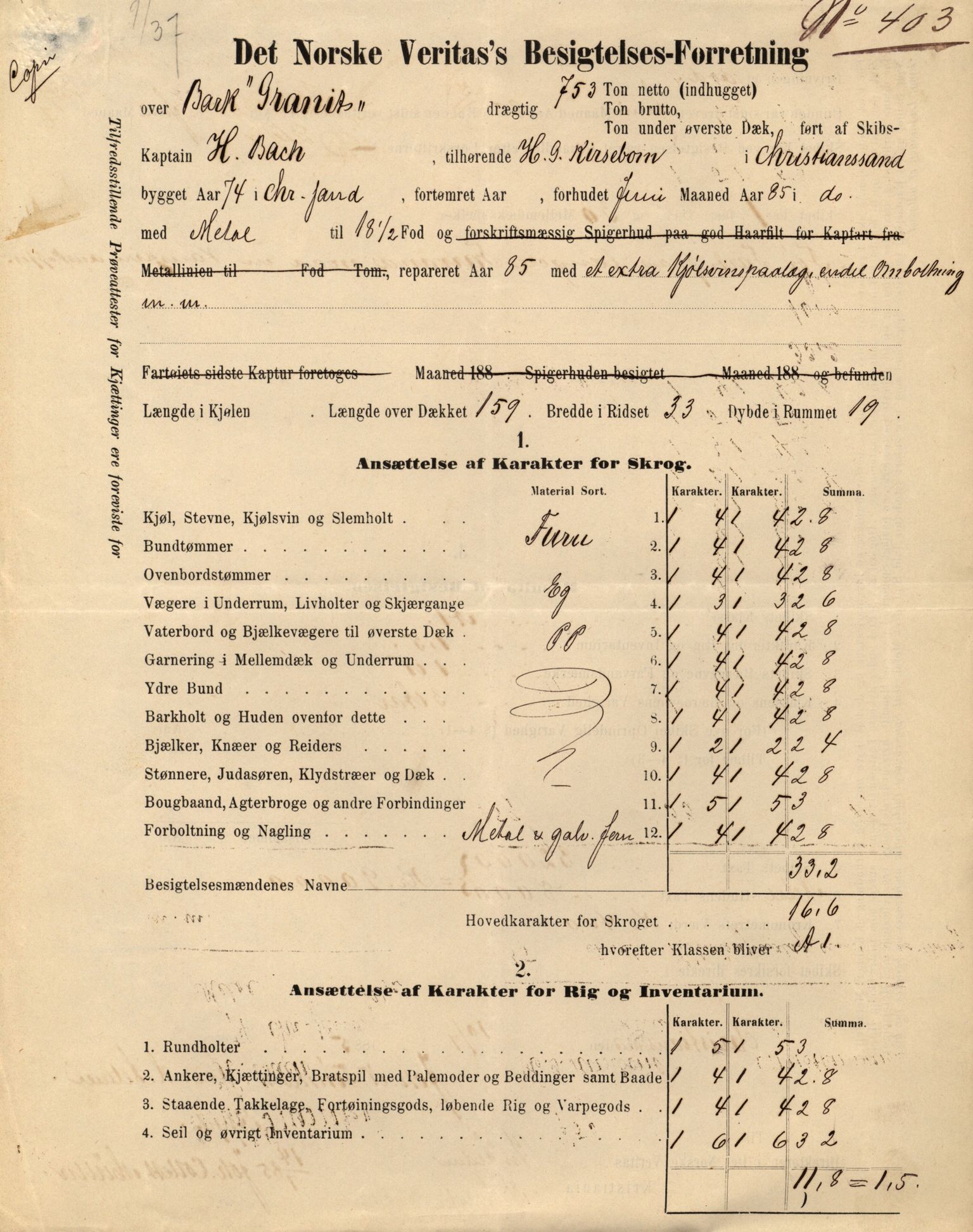 Pa 63 - Østlandske skibsassuranceforening, VEMU/A-1079/G/Ga/L0021/0006: Havaridokumenter / Gøthe, Granit, Granen, Harmonie, Lindsay, 1888, s. 13
